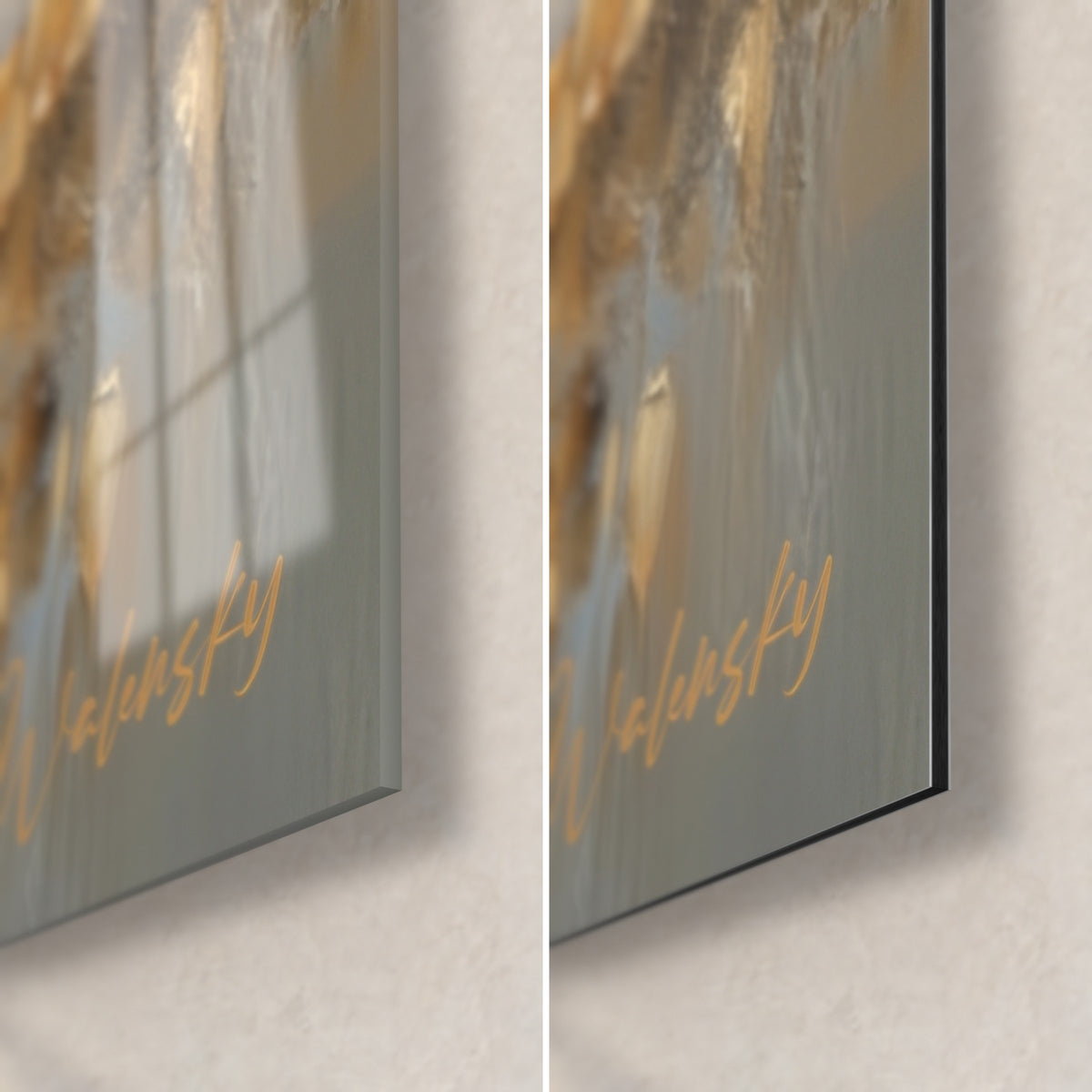 Quadro campo di papaveri cremisi e oro, angolo in basso a destra: vetro acrilico lucido a sinistra, Dibond opaco a destra, bordo da 3 mm