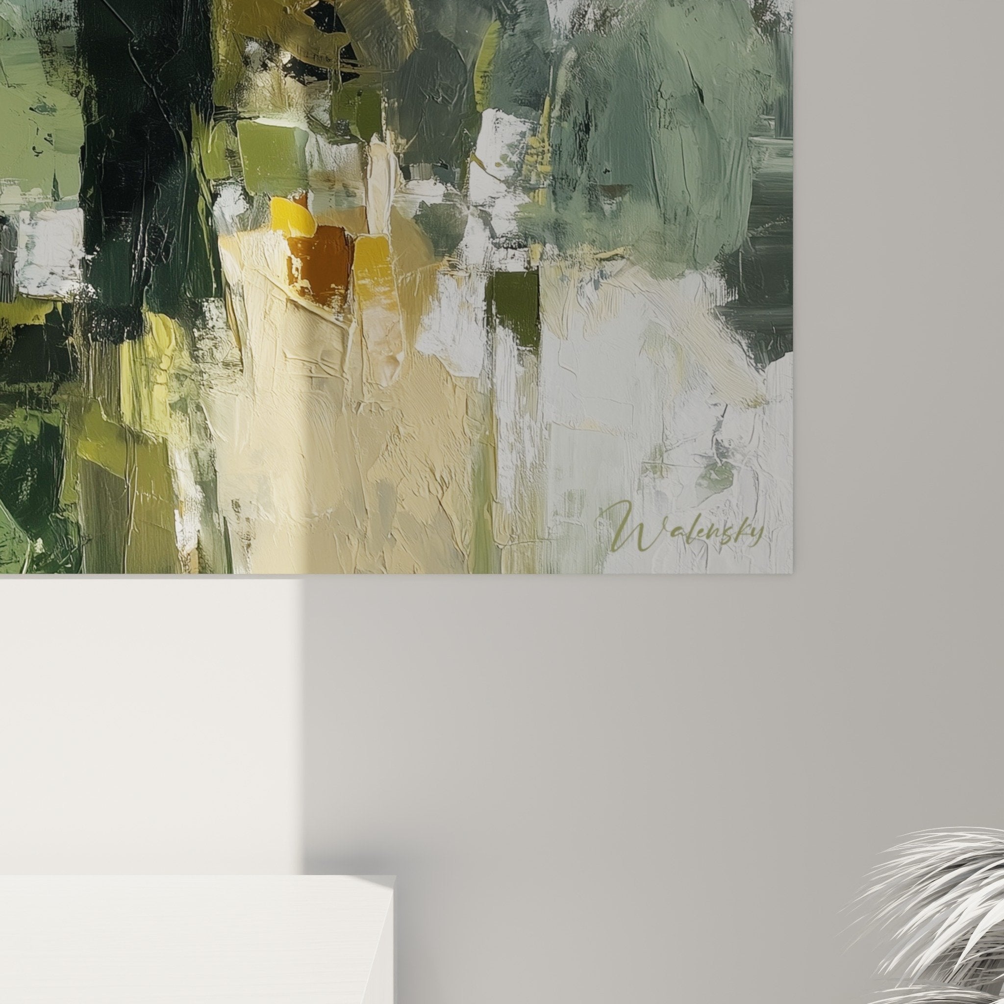 Vue d'ensemble tableau abstrait naturel vert ocre format panoramique - œuvre Feng shui Est Bois harmonieuse