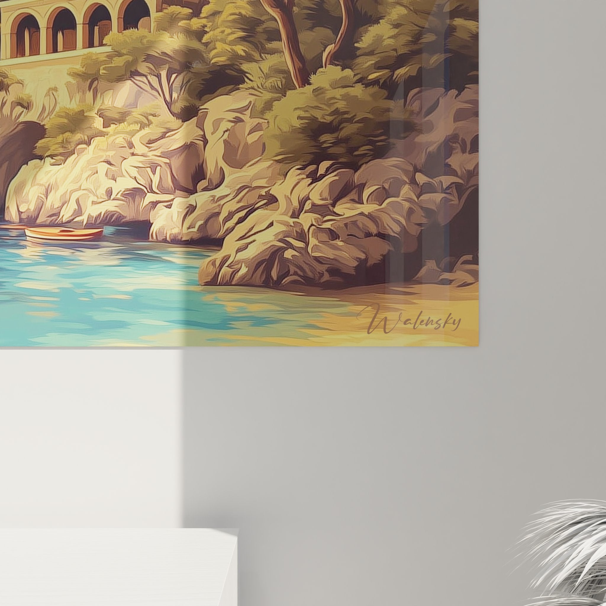 Vue ensemble tableau panoramique grotte naturelle marine avec architecture et végétation méditerranéenne