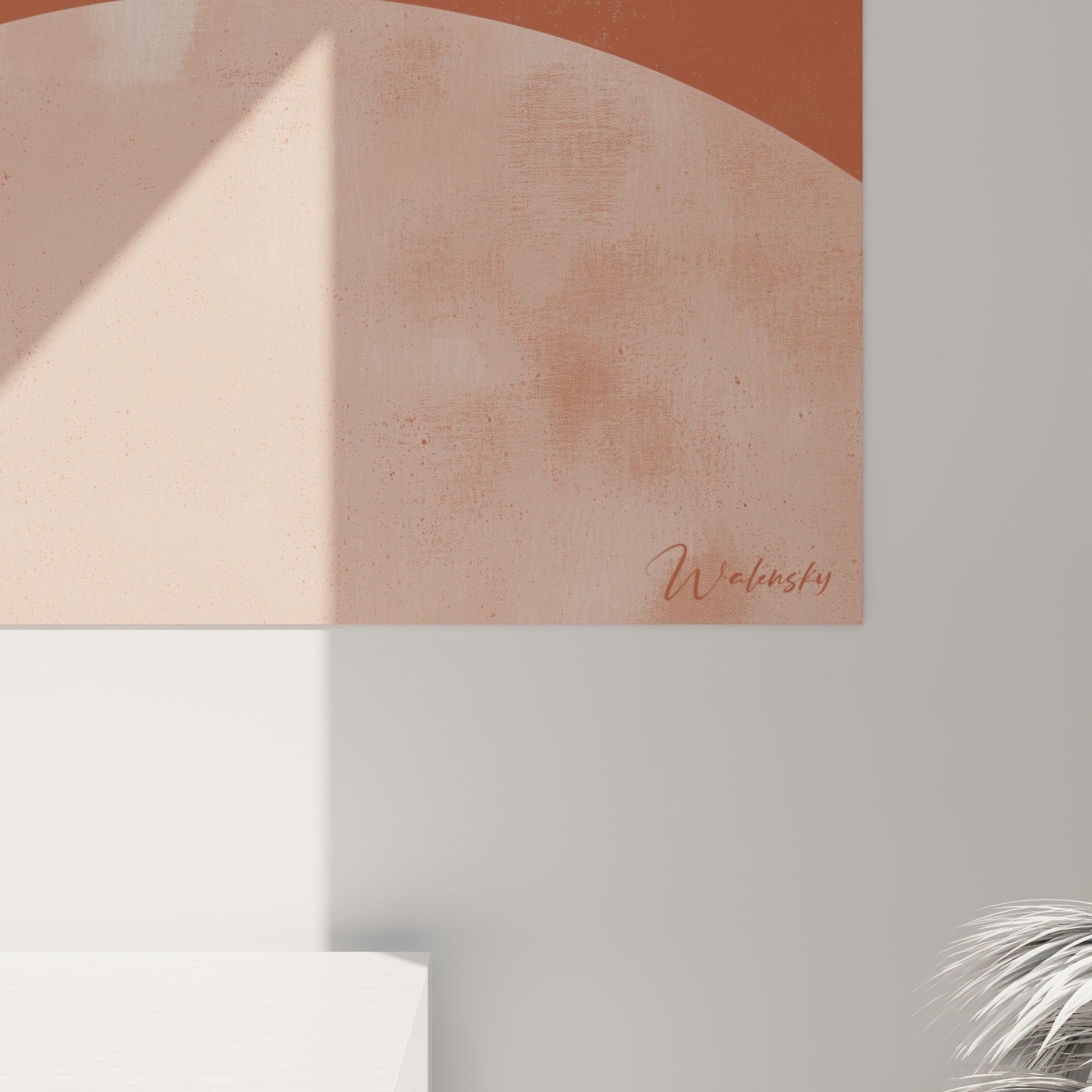 Vue d'ensemble tableau panoramique terracotta, motif éventail contemporain, harmonie couleurs chaudes naturelles
