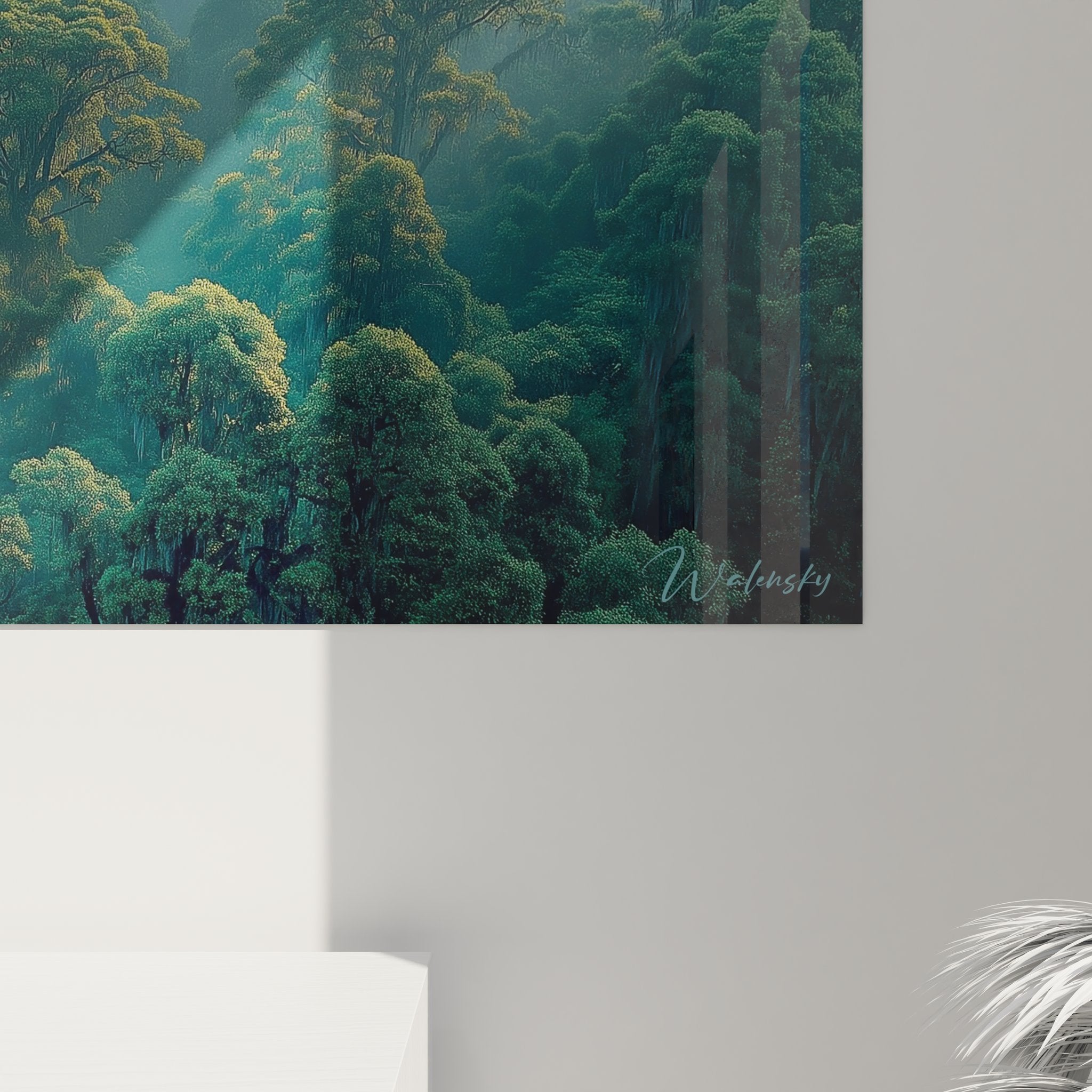 Vue d'ensemble tableau panoramique jungle dans la brume, décoration murale format horizontal