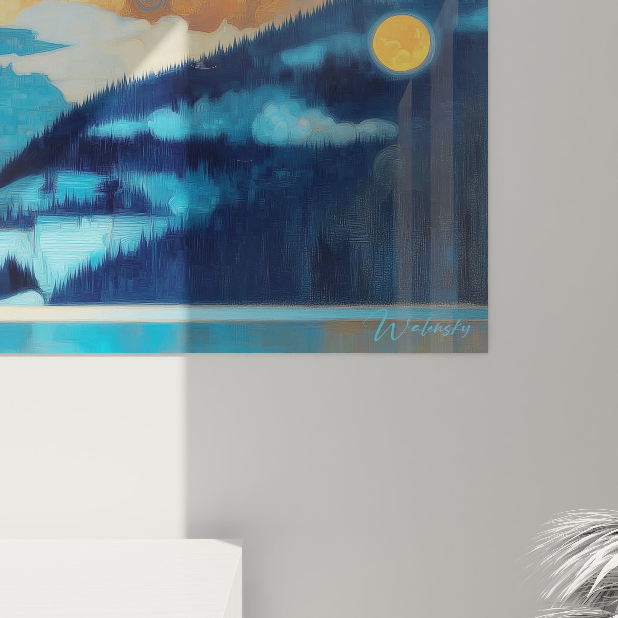 Vue ensemble tableau panoramique lac montagne, format horizontal avec paysage complet et cadre moderne