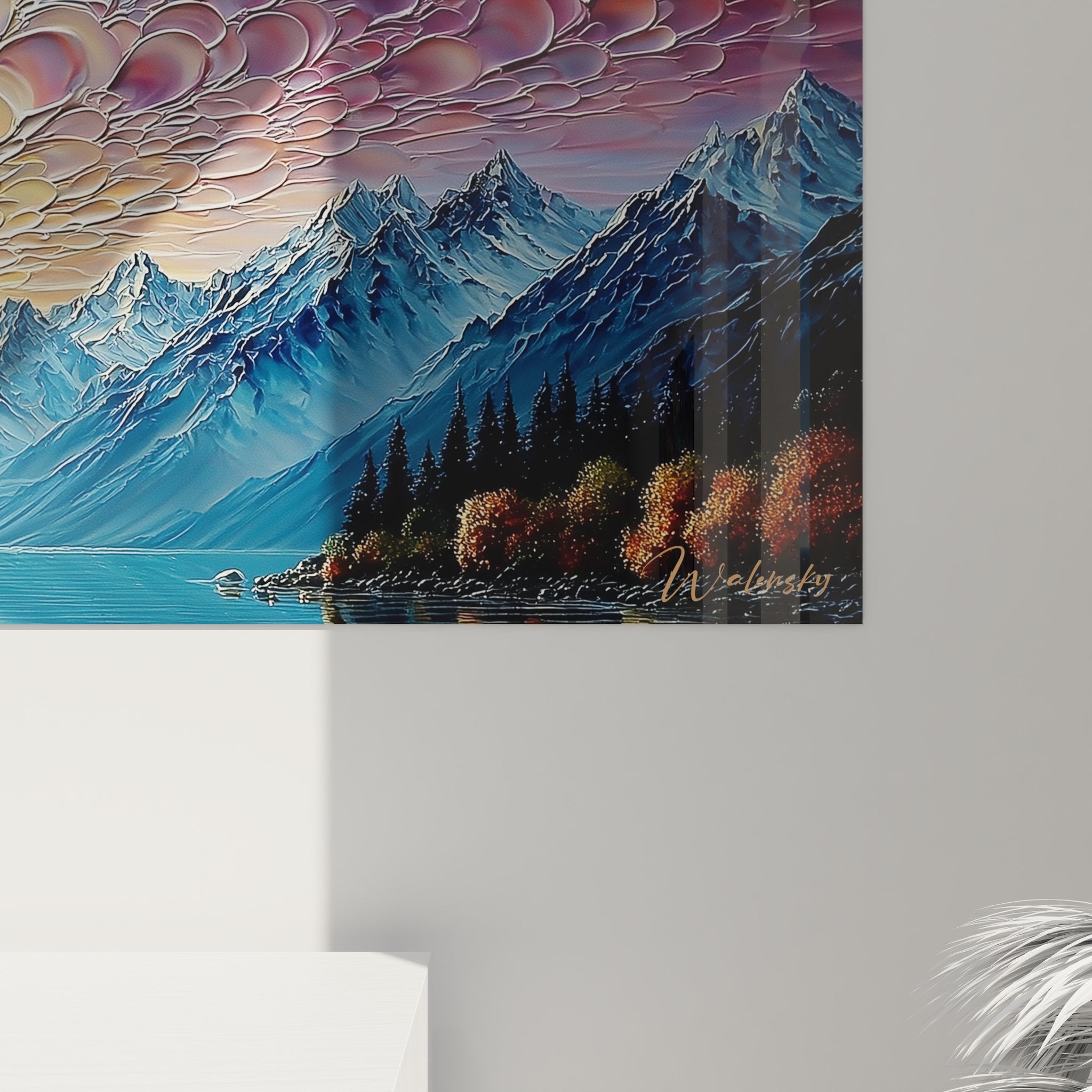 Vue d'ensemble tableau panoramique lac de montagne avec encadrement et finitions artistiques