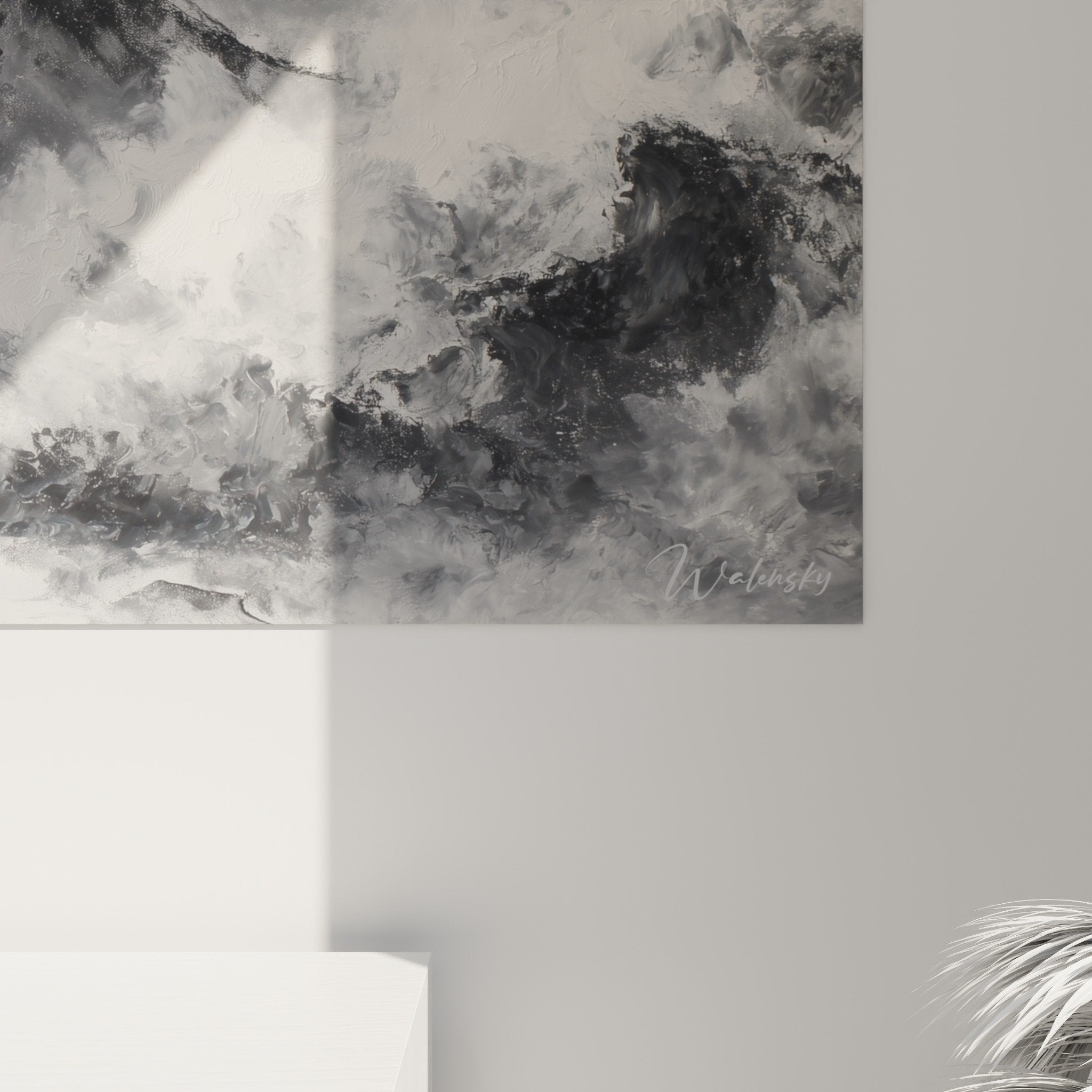 Overall view panoramic mountain wall art gray white feng shui west metal decoration