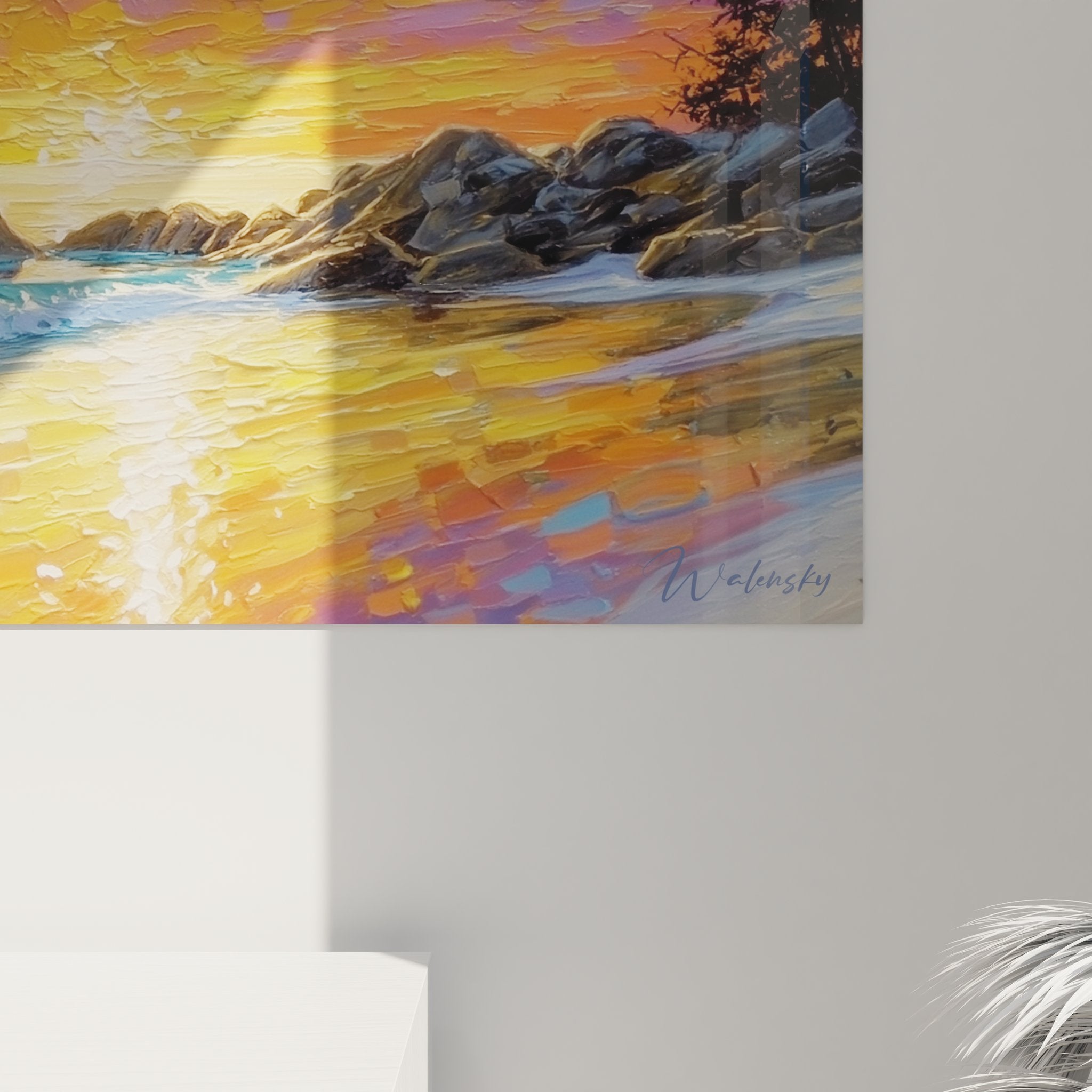 Vue ensemble tableau panoramique plage coucher soleil - peinture marine colorée format horizontal