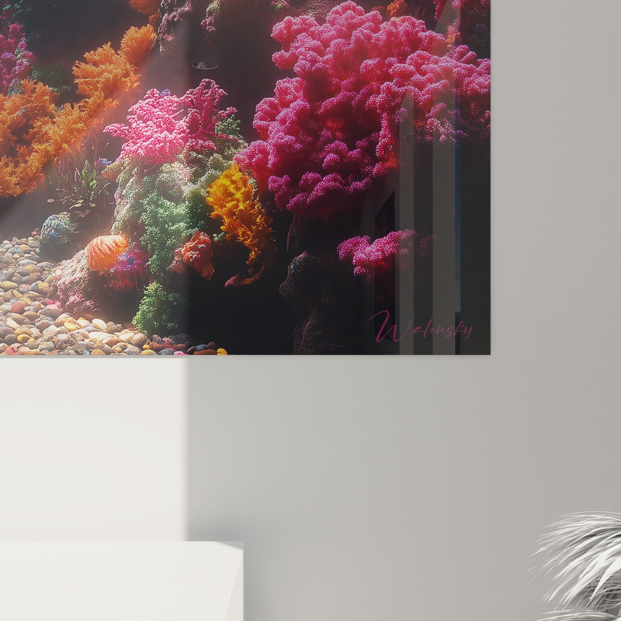 Vue ensemble tableau panoramique récif corallien multicolore avec coraux orange roses et poissons tropicaux