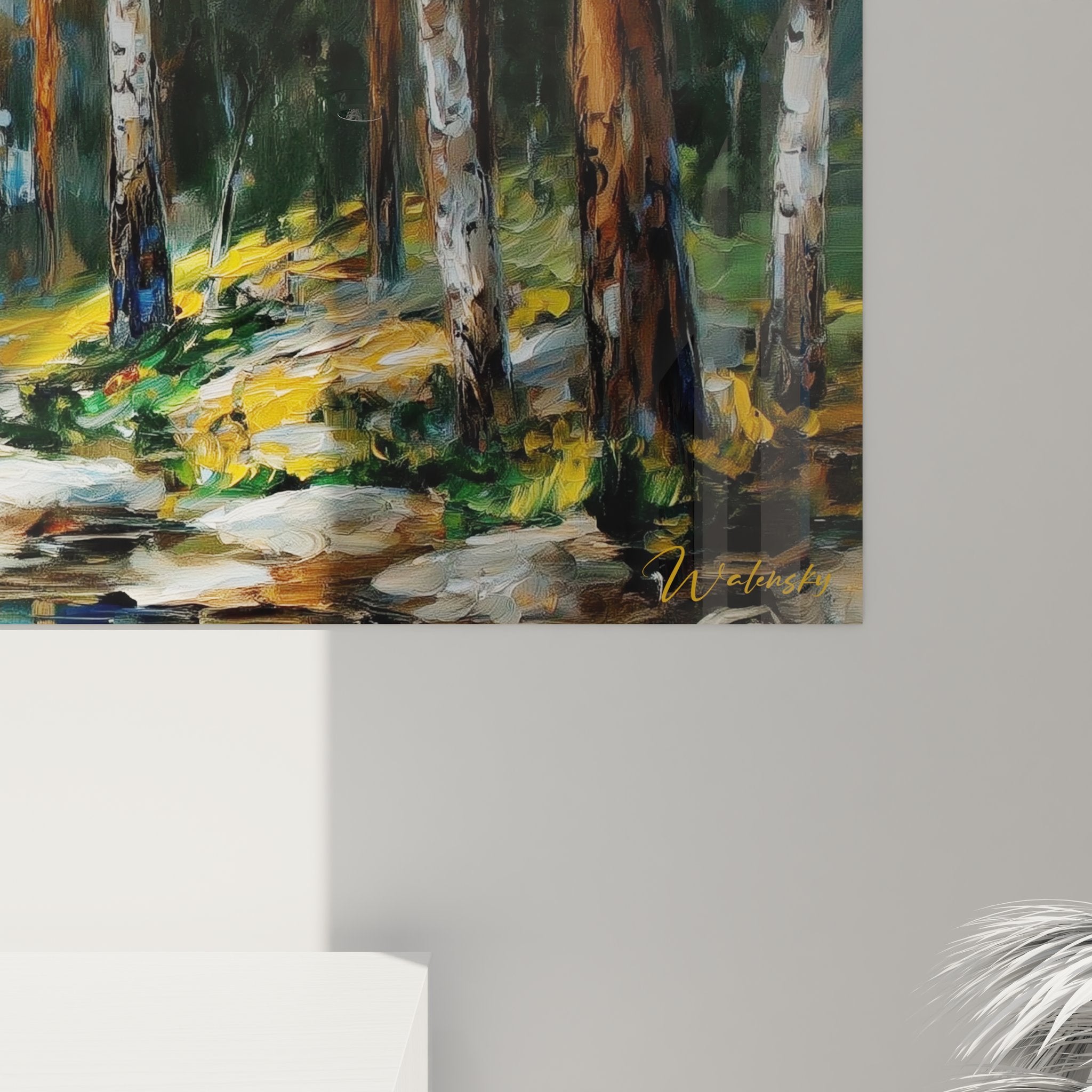 Vue d'ensemble tableau panoramique rivière en forêt d'automne, art mural nature