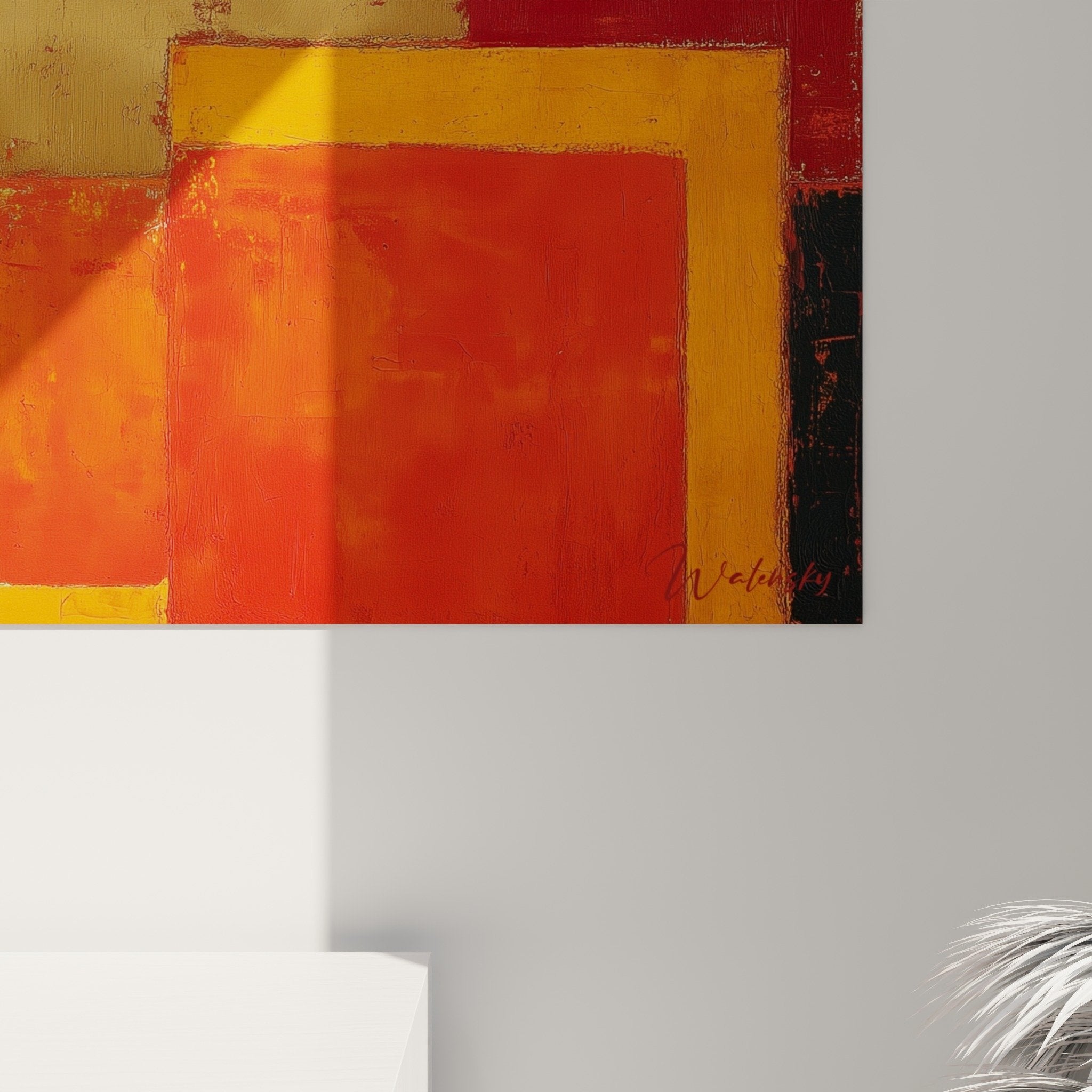 vue ensemble tableau abstrait panoramique rouge orange dore decoration interieur moderne