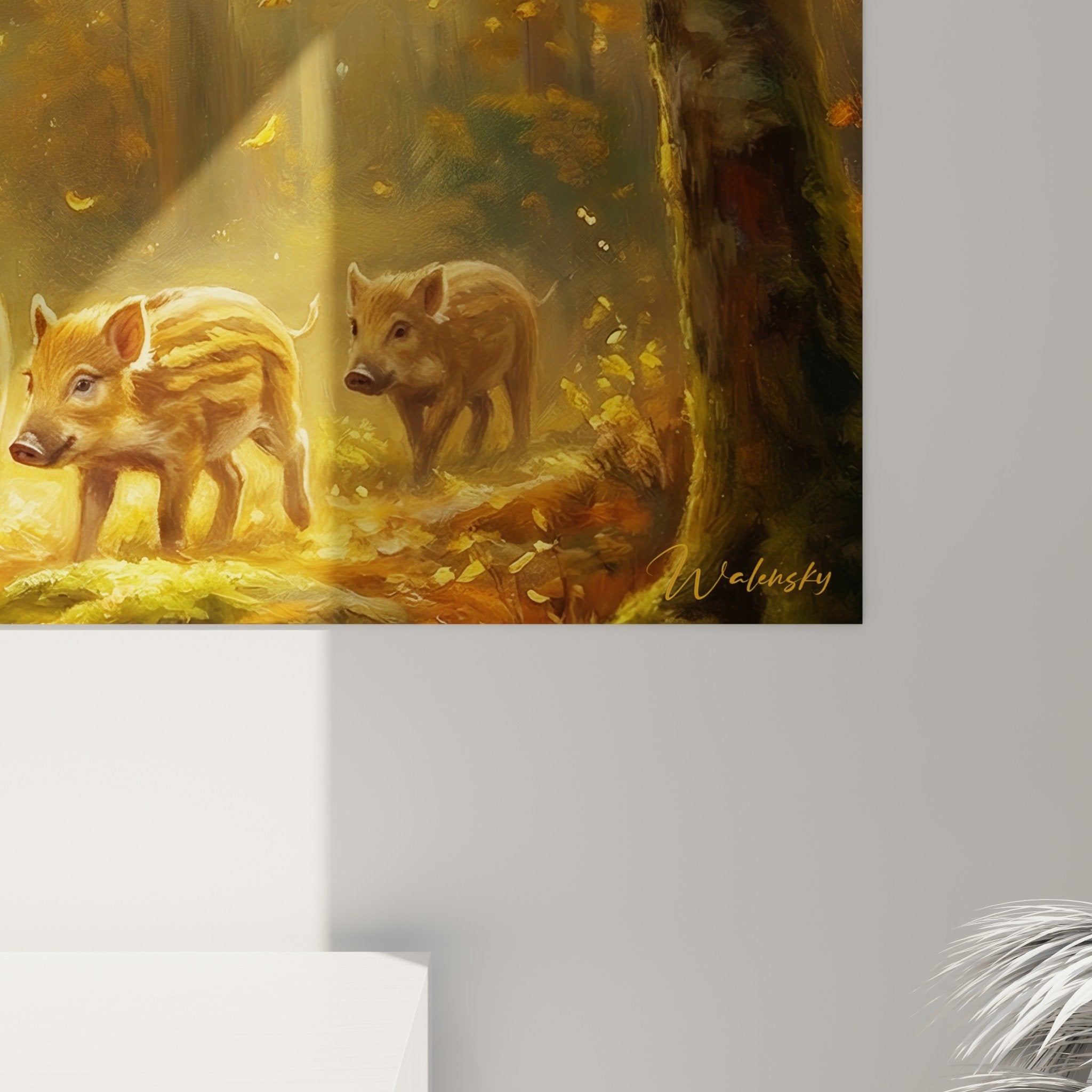 Full view panoramic wild boar family forest painting interior natural decoration