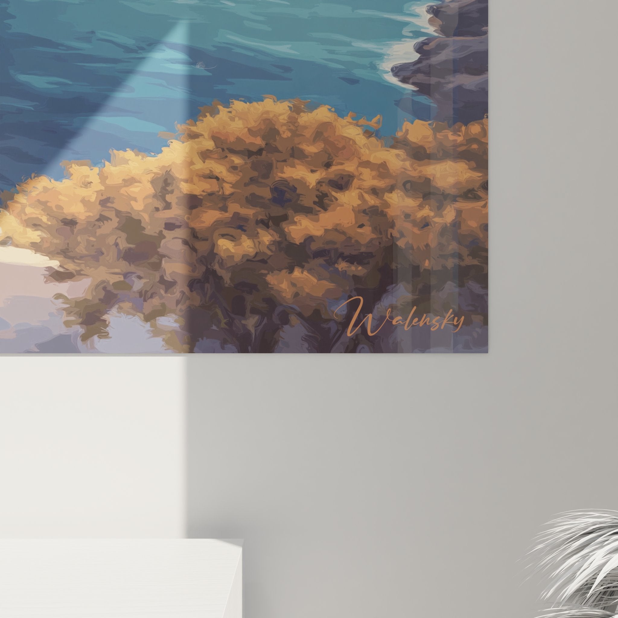 Vue ensemble tableau panoramique Santorin paysage mer Égée église grecque décoration murale