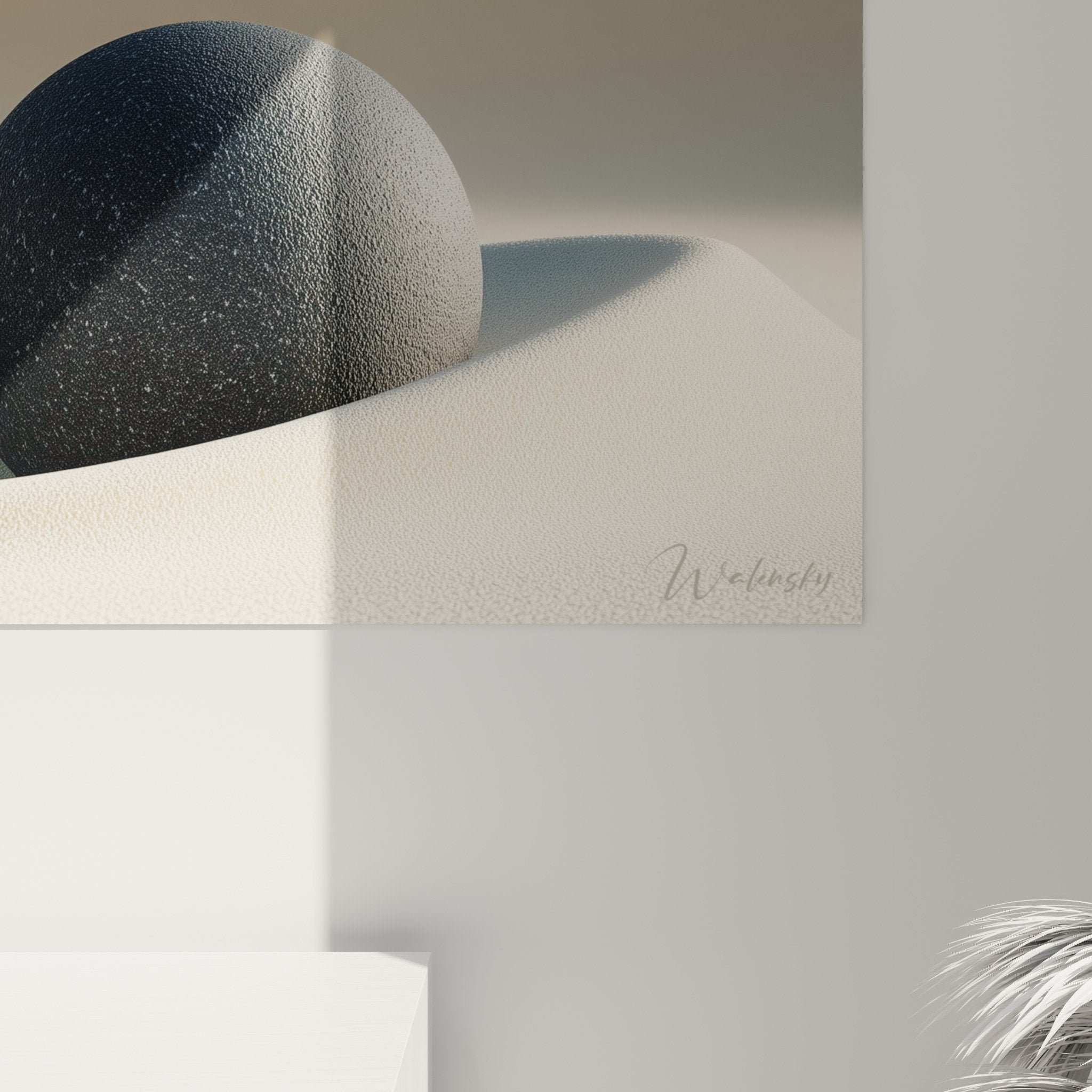 Vue d'ensemble tableau panoramique sphères équilibre dunes ondulantes palette beige crème format horizontal zen