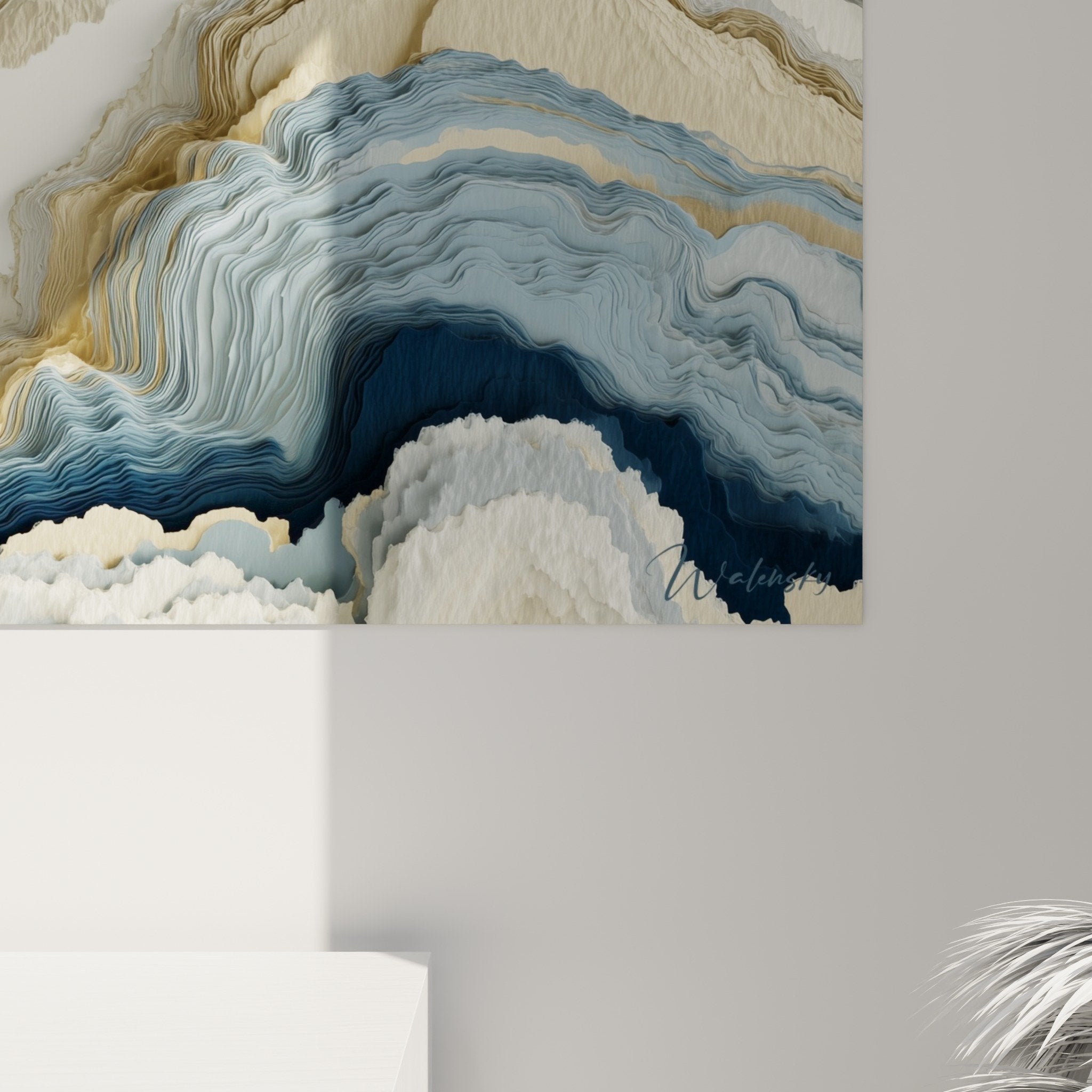panoramic abstract marble canvas with fluid waves blue and gold contemporary art full view