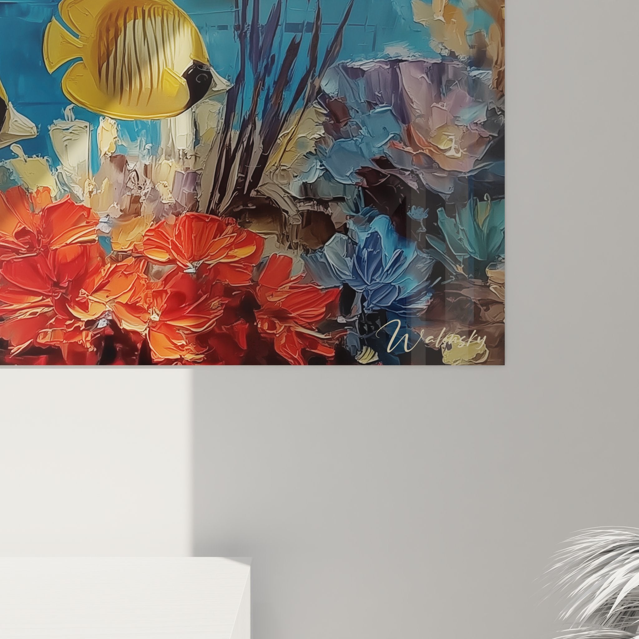 Vue ensemble tableau panoramique vie marine tropicale coraux multicolores déco intérieure