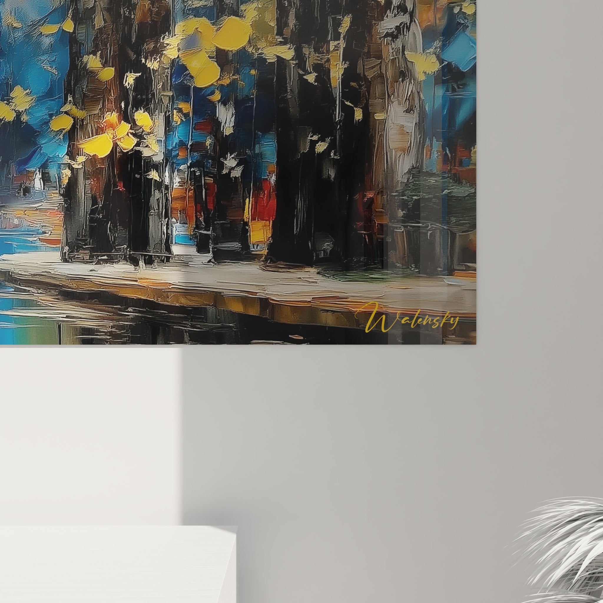 Vue ensemble tableau parc urbain automnal - œuvre murale complète couleurs chaudes et froides