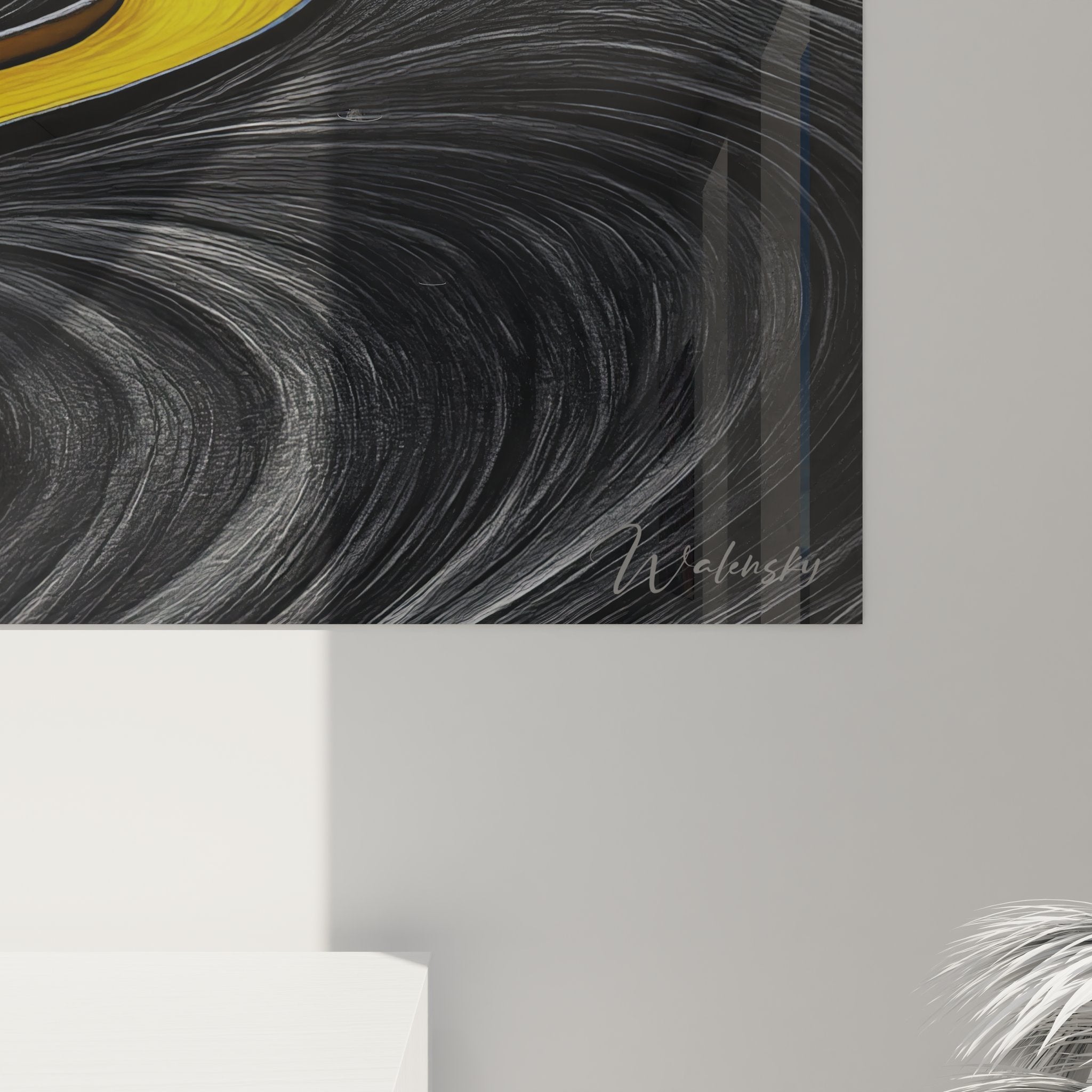 Vue ensemble tableau mural paysage abstrait rivière dorée arbre jaune décoration contemporaine