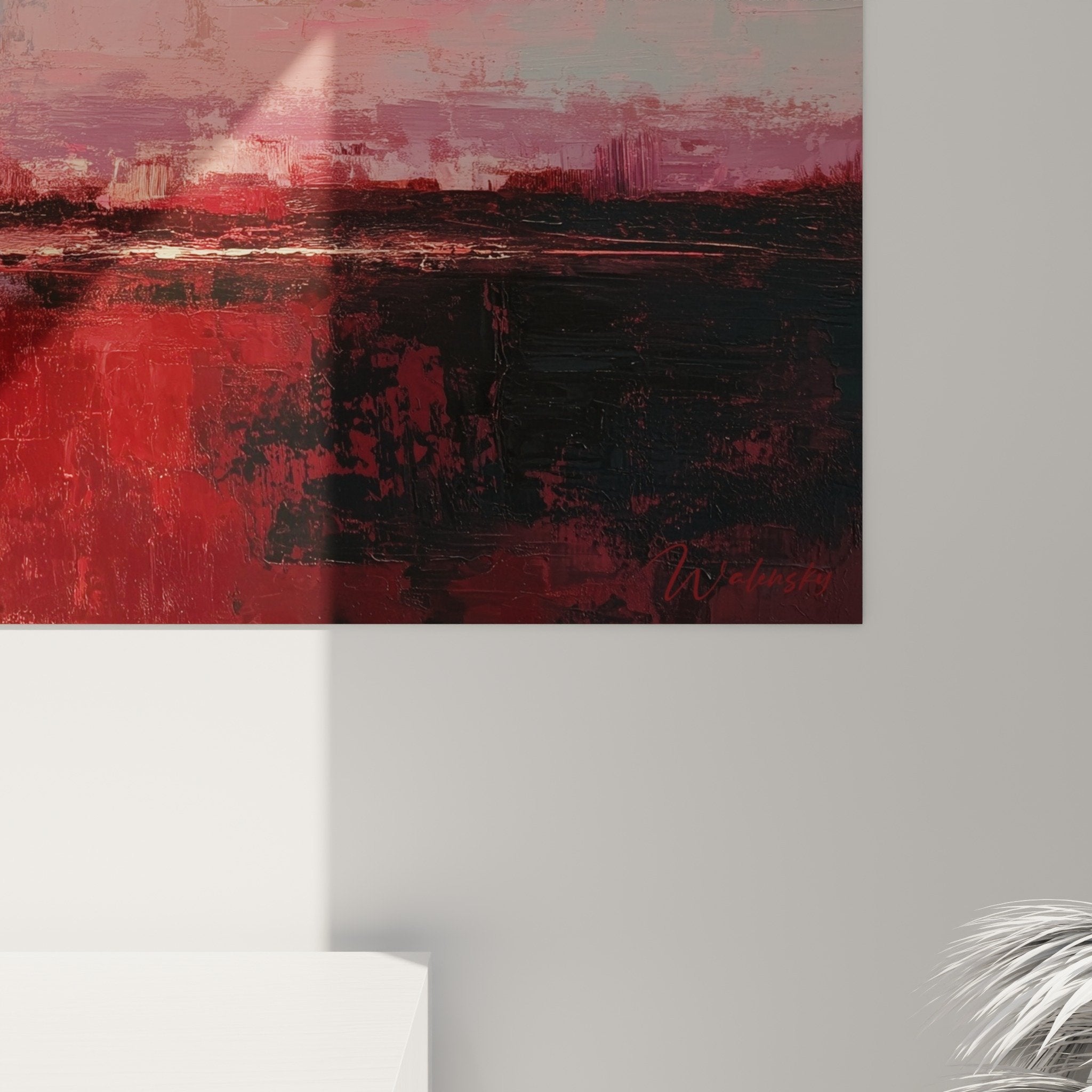 Vue ensemble tableau paysage abstrait rouge rose decoration murale feng shui sud-ouest