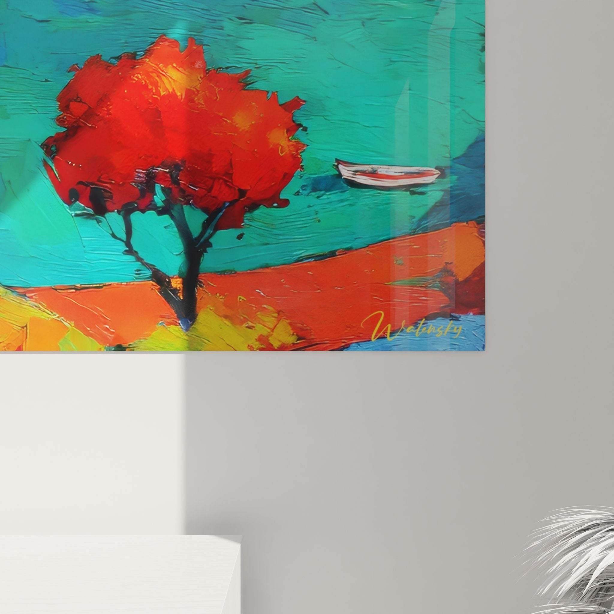 Vue d'ensemble tableau paysage bord de mer - composition complète baie colorée et montagnes abstraites