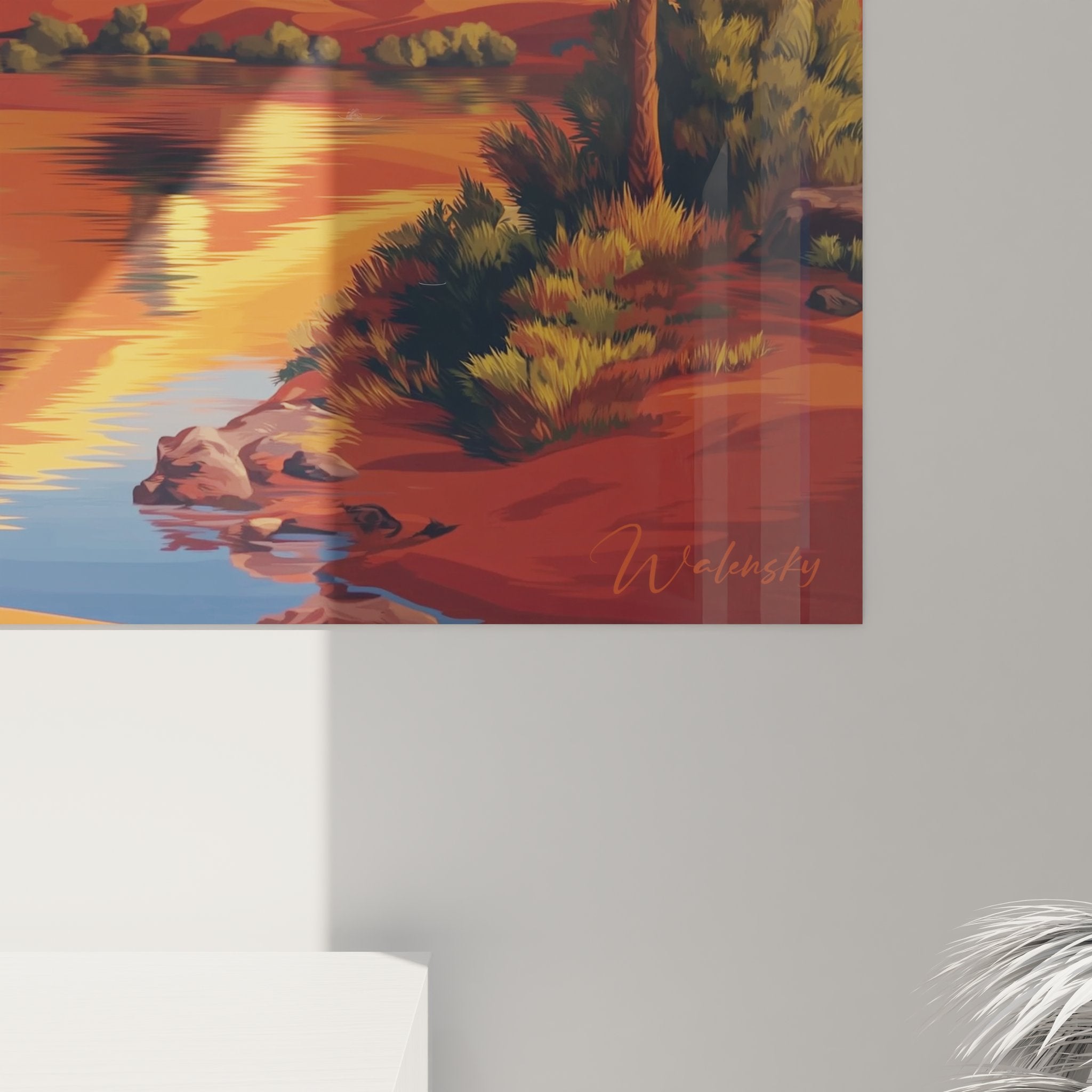 Vue d'ensemble tableau paysage désert avec oasis, palmiers et dunes dorées dans décoration murale