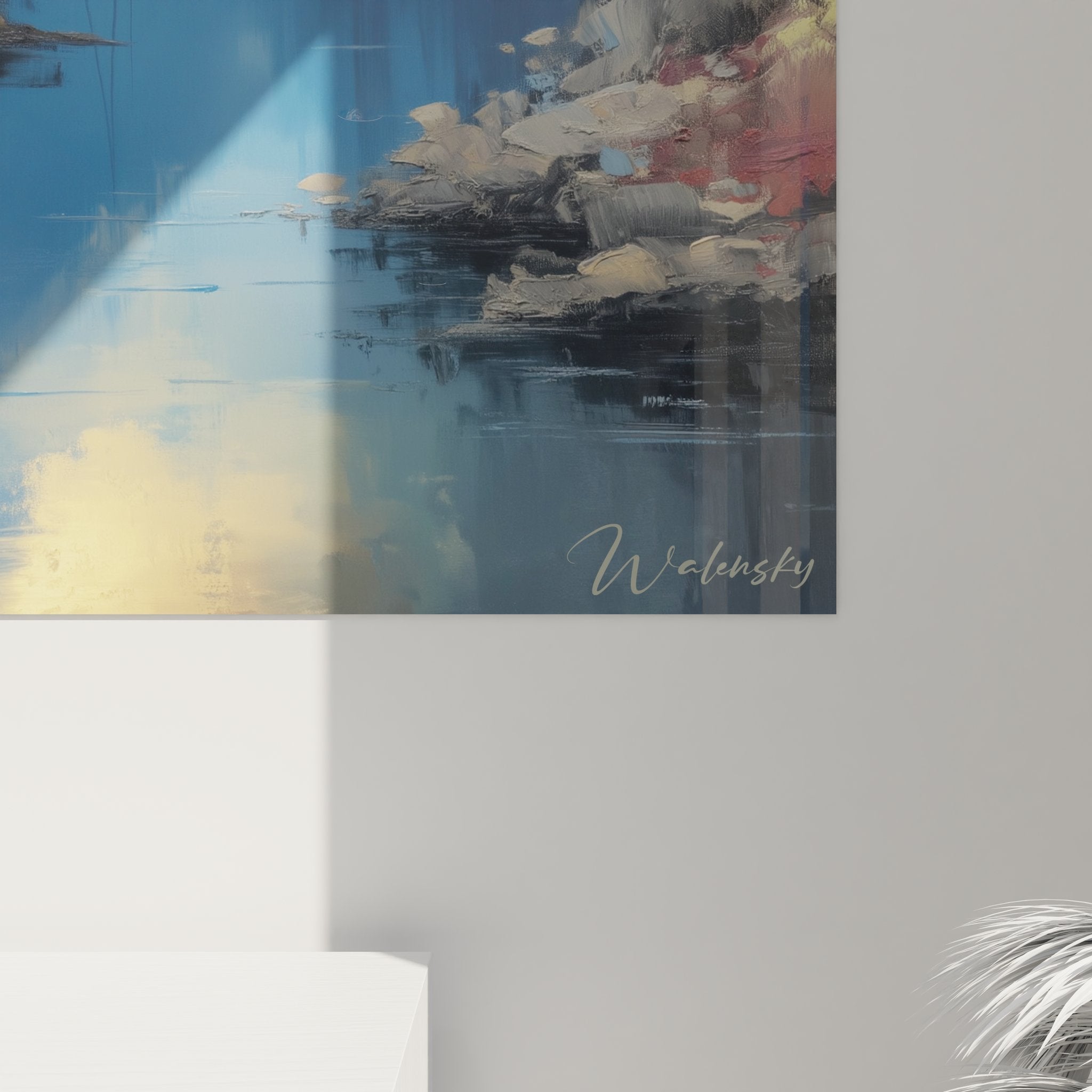 Vue ensemble tableau mural fjord norvégien paysage montagne lac coucher soleil tons bleus dorés