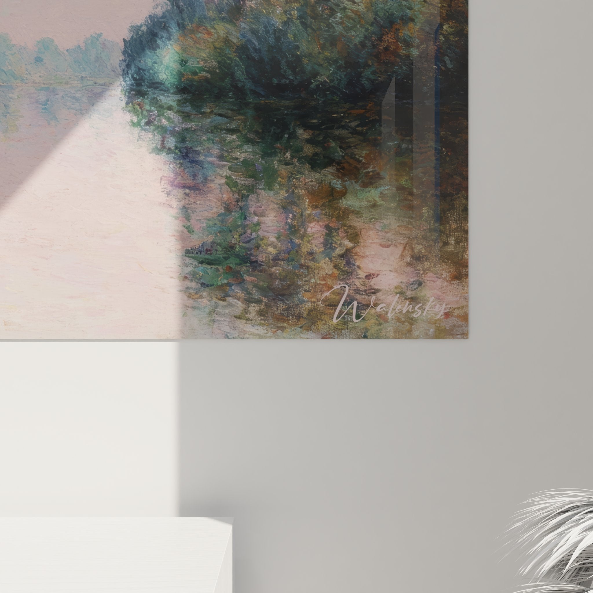 Vue d'ensemble du tableau paysage fluvial impressionniste avec ses tons pastel et sa composition harmonieuse