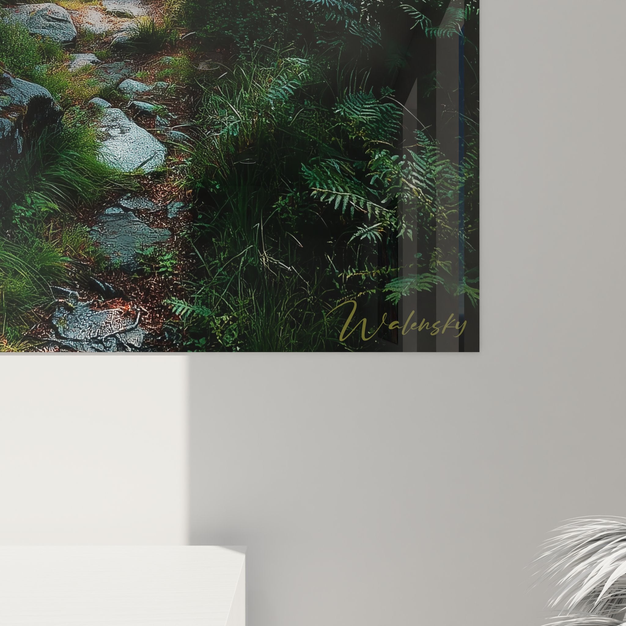 Vue ensemble tableau mural paysage forestier mystique avec sentier serpentant entre conifères