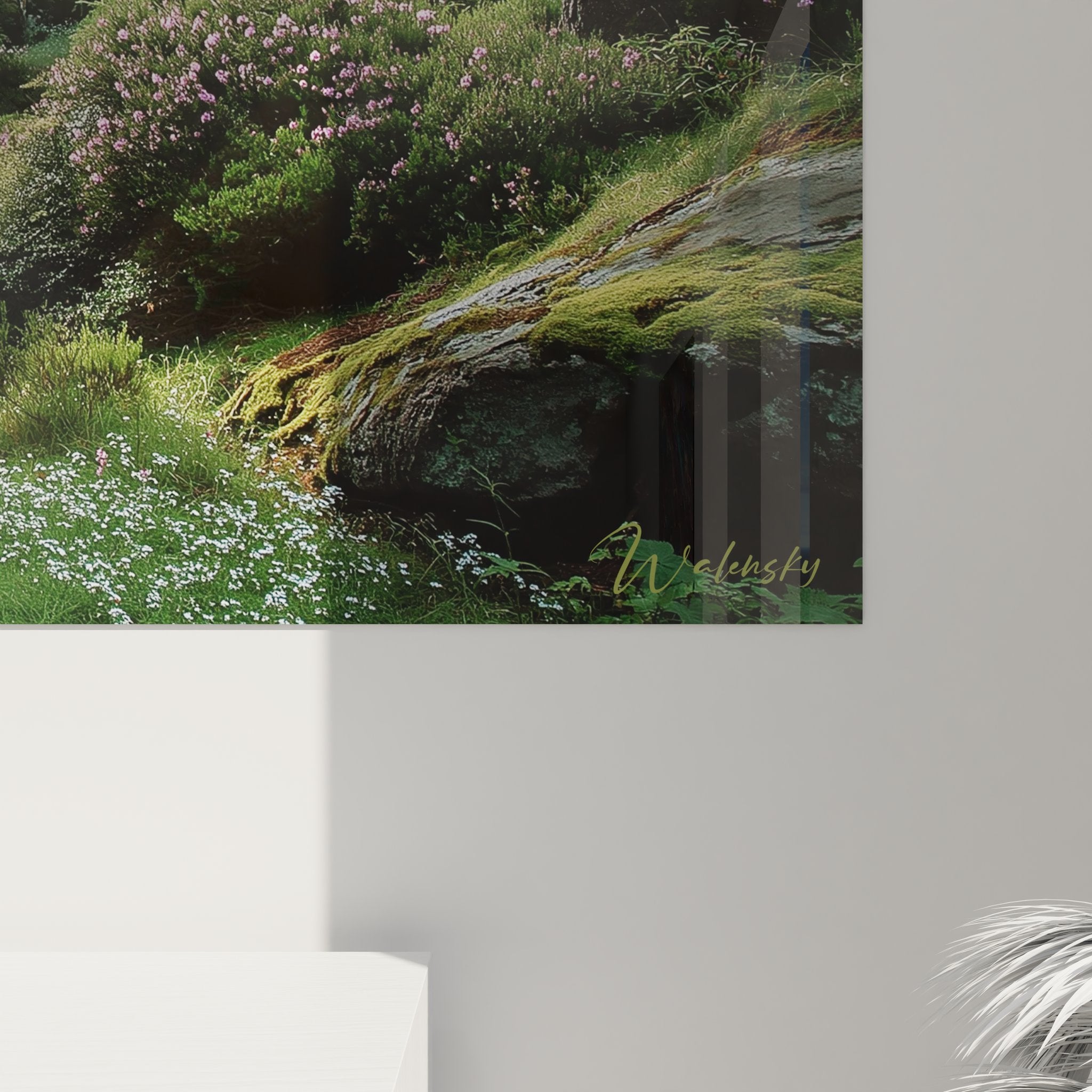 Vue ensemble tableau mural paysage forestier mystique avec chemin serpentant dans brume matinale