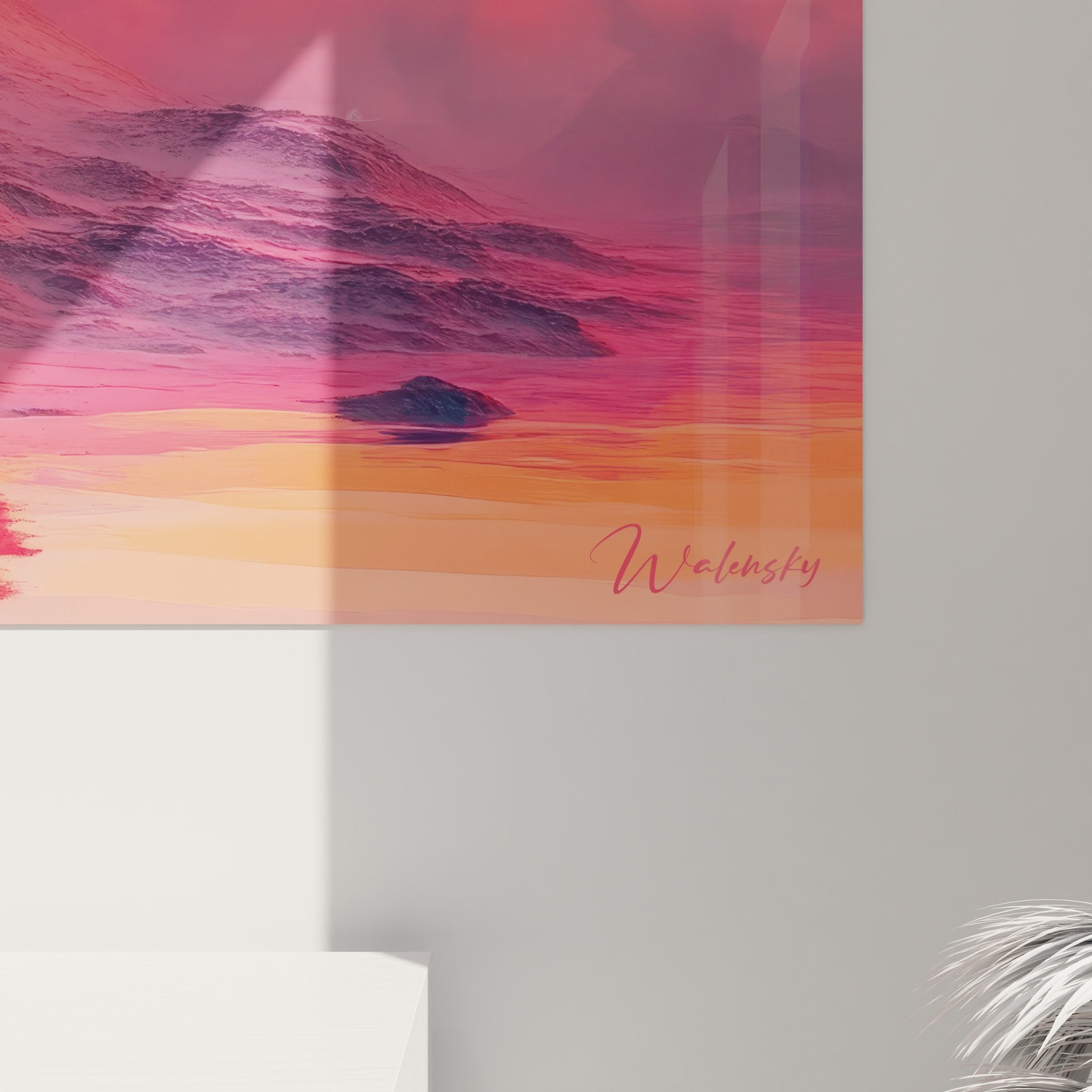 Vue ensemble tableau décoratif paysage futuriste montagne soleil géométrique art moderne mural