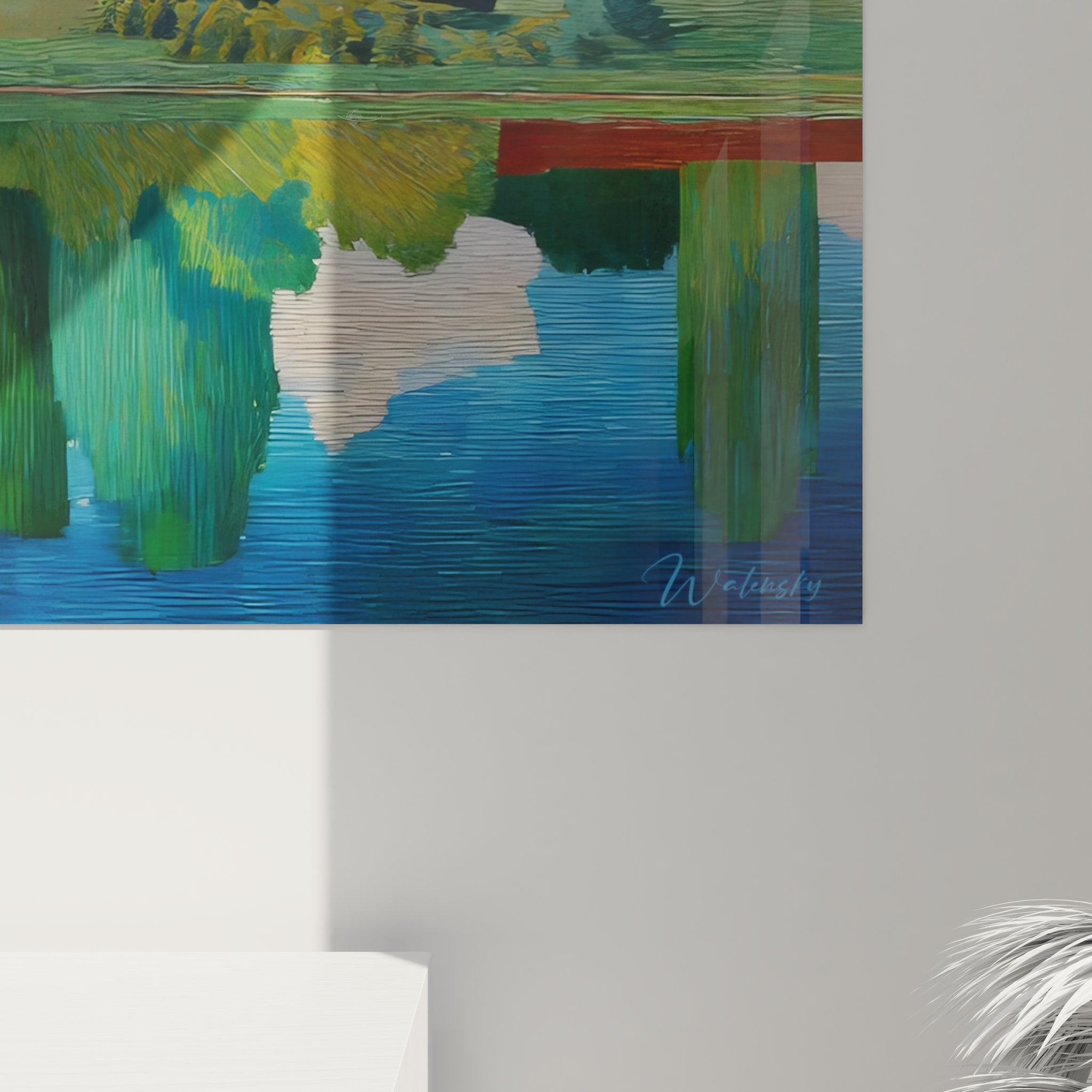 Vue d'ensemble tableau paysage lac avec reflets, art mural nature style impressionniste