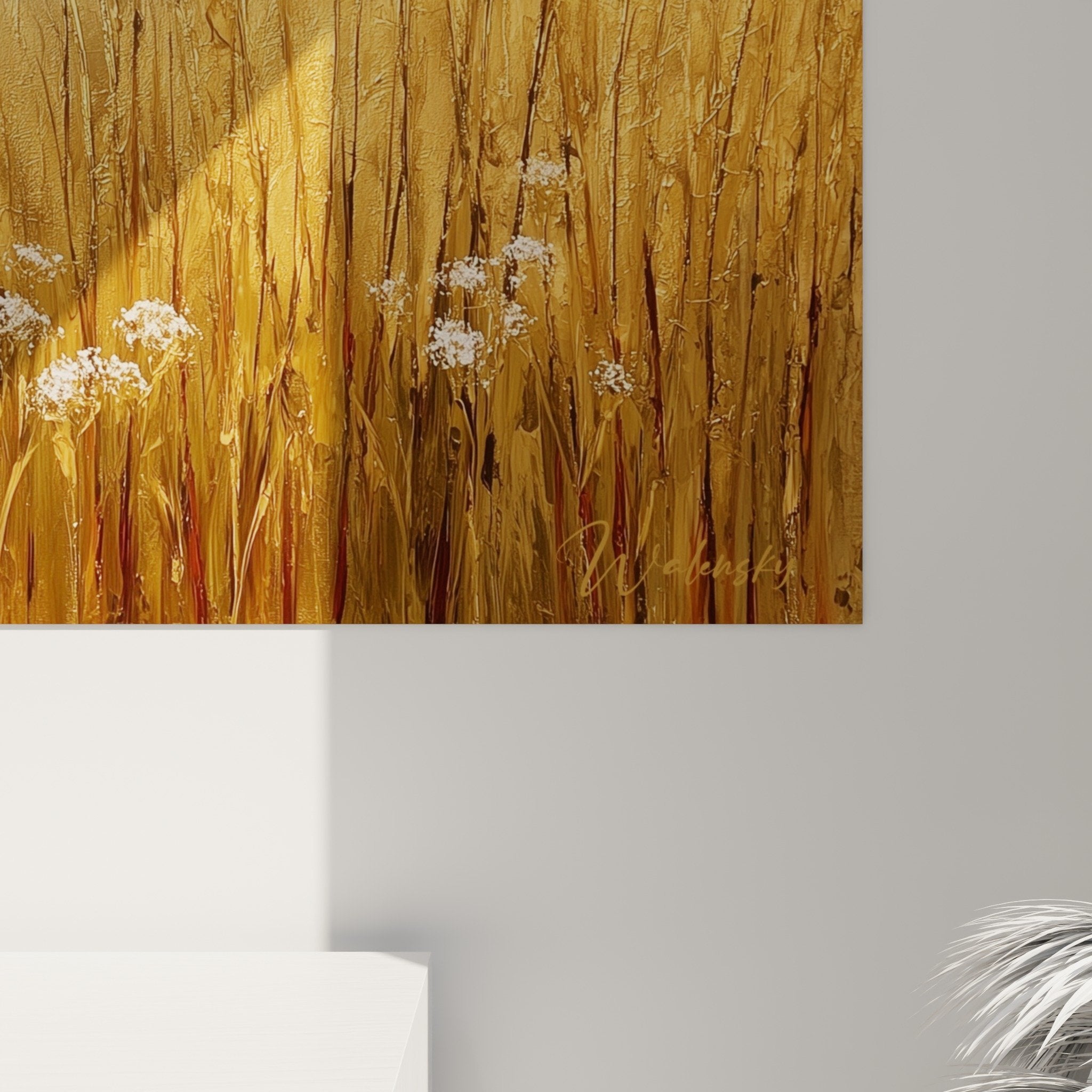 Full view landscape painting lake grass wall art decoration natural tones gold blue water vegetation