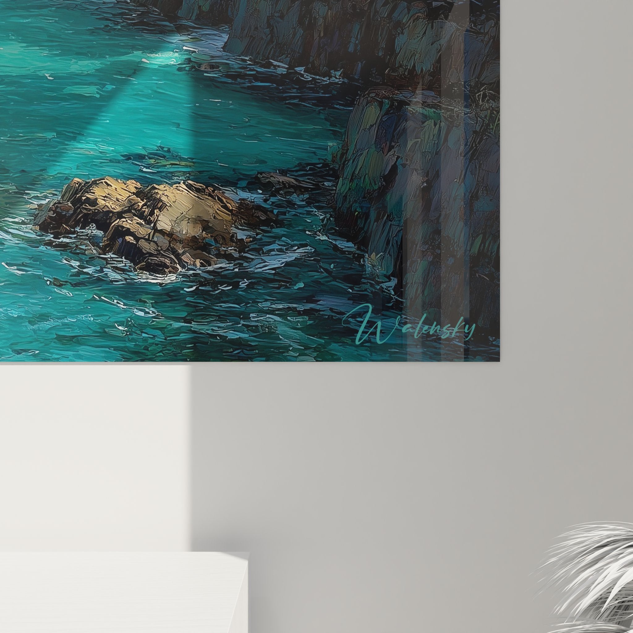 Vue d'ensemble tableau décoratif côte tropicale avec panorama complet océan et montagnes