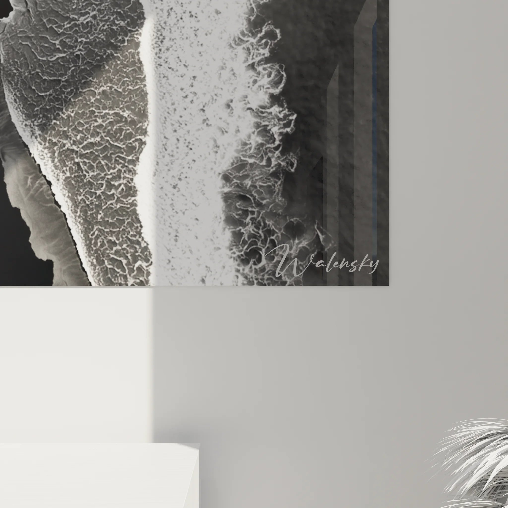 Vue d'ensemble tableau paysage marin noir et blanc vagues aériennes décoration murale