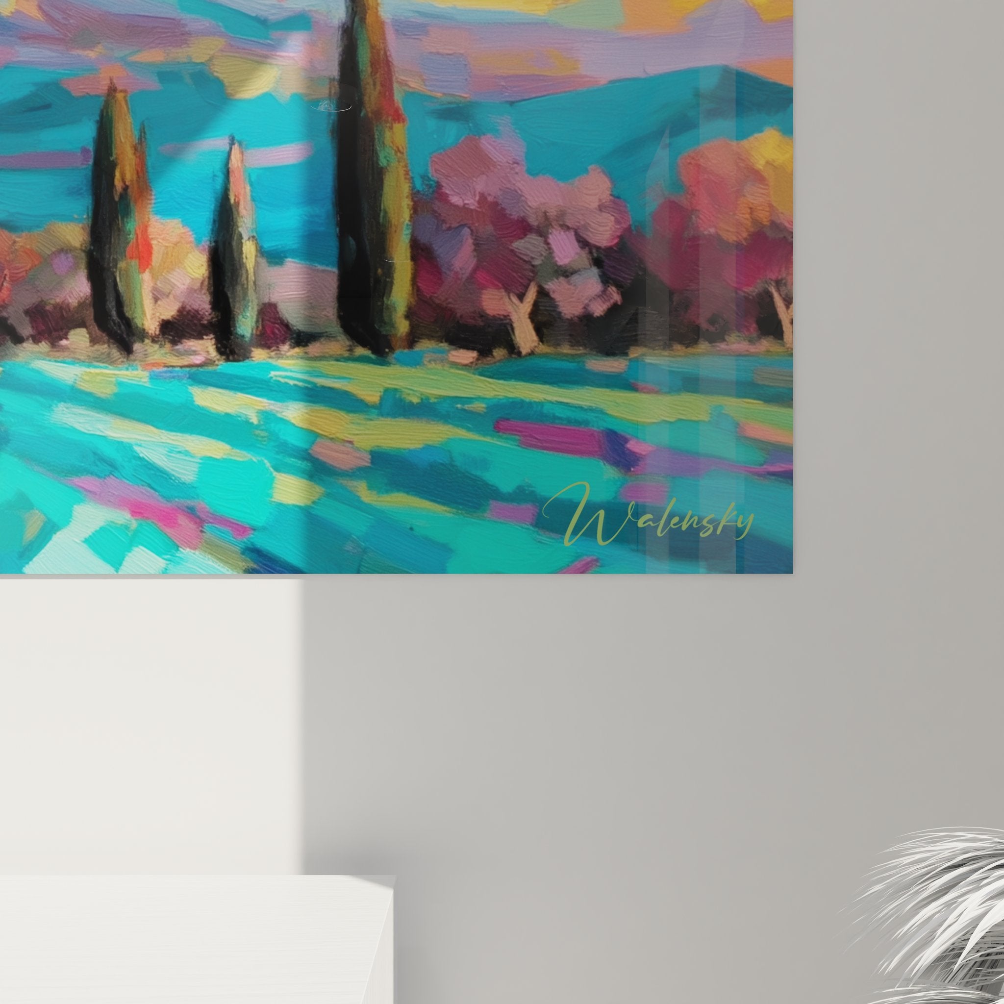 Vue d'ensemble tableau paysage méditerranéen coloré, art mural moderne représentant village avec montagne enneigée