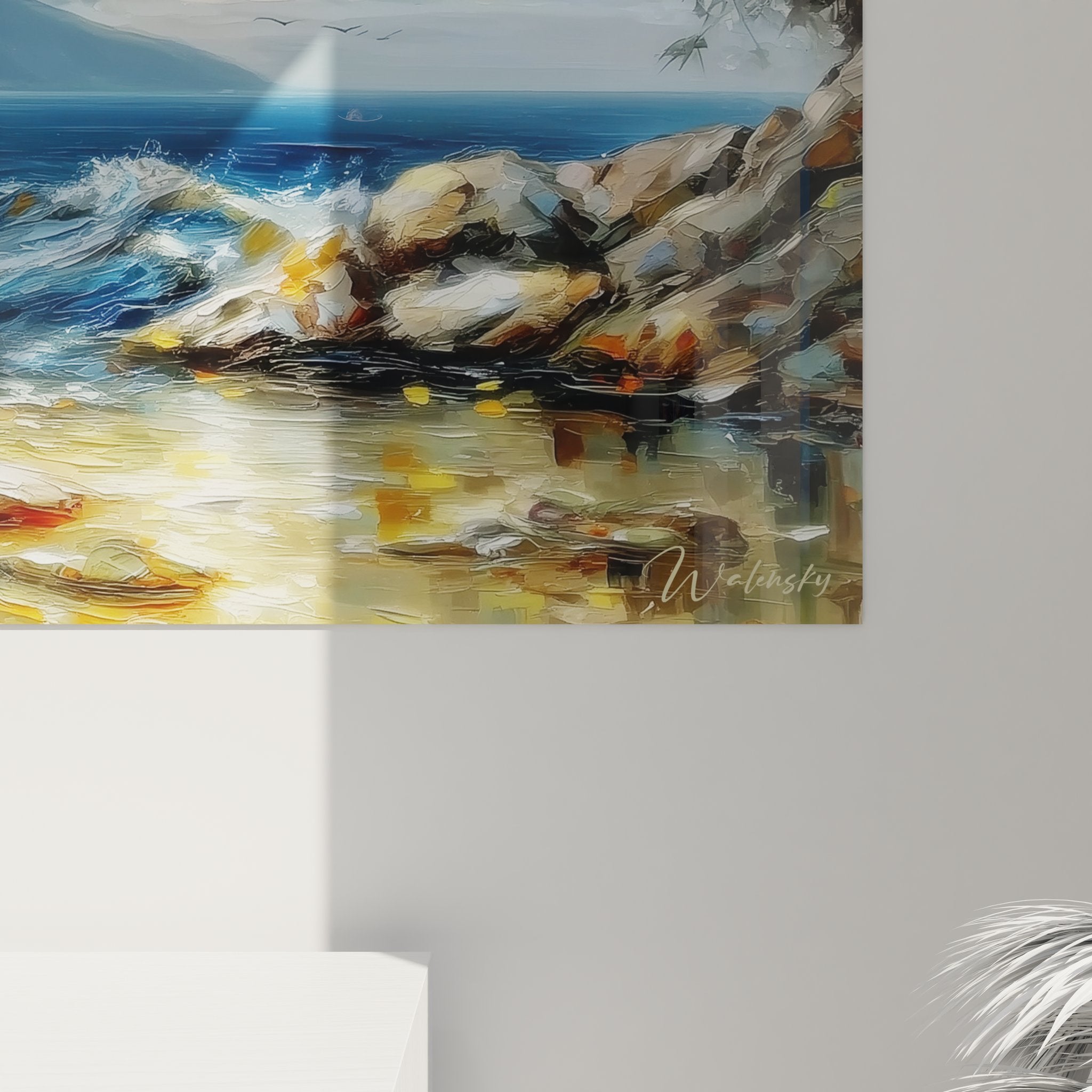 Vue ensemble tableau paysage méditerranéen - décoration murale côtière village et mer