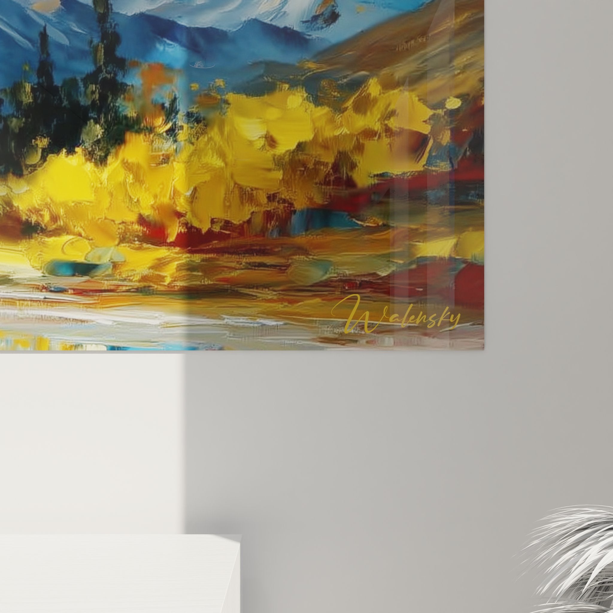 Vue d'ensemble tableau montagne enneigée, composition complète paysage alpin avec lac et végétation