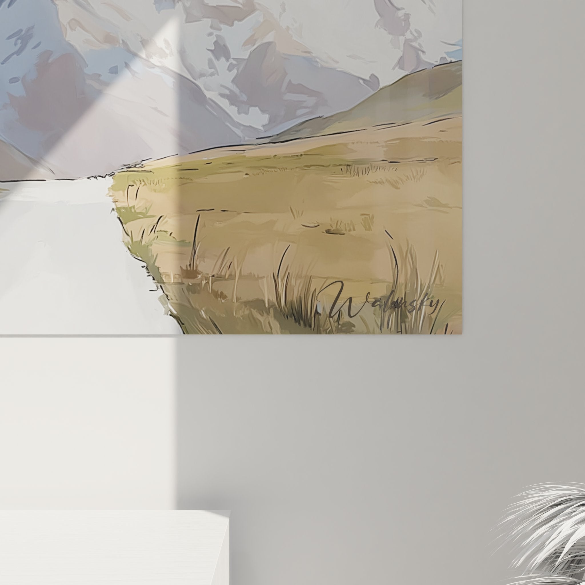 Vue ensemble tableau paysage montagnard - scène alpine complète avec chalet, sentier et sommets enneigés