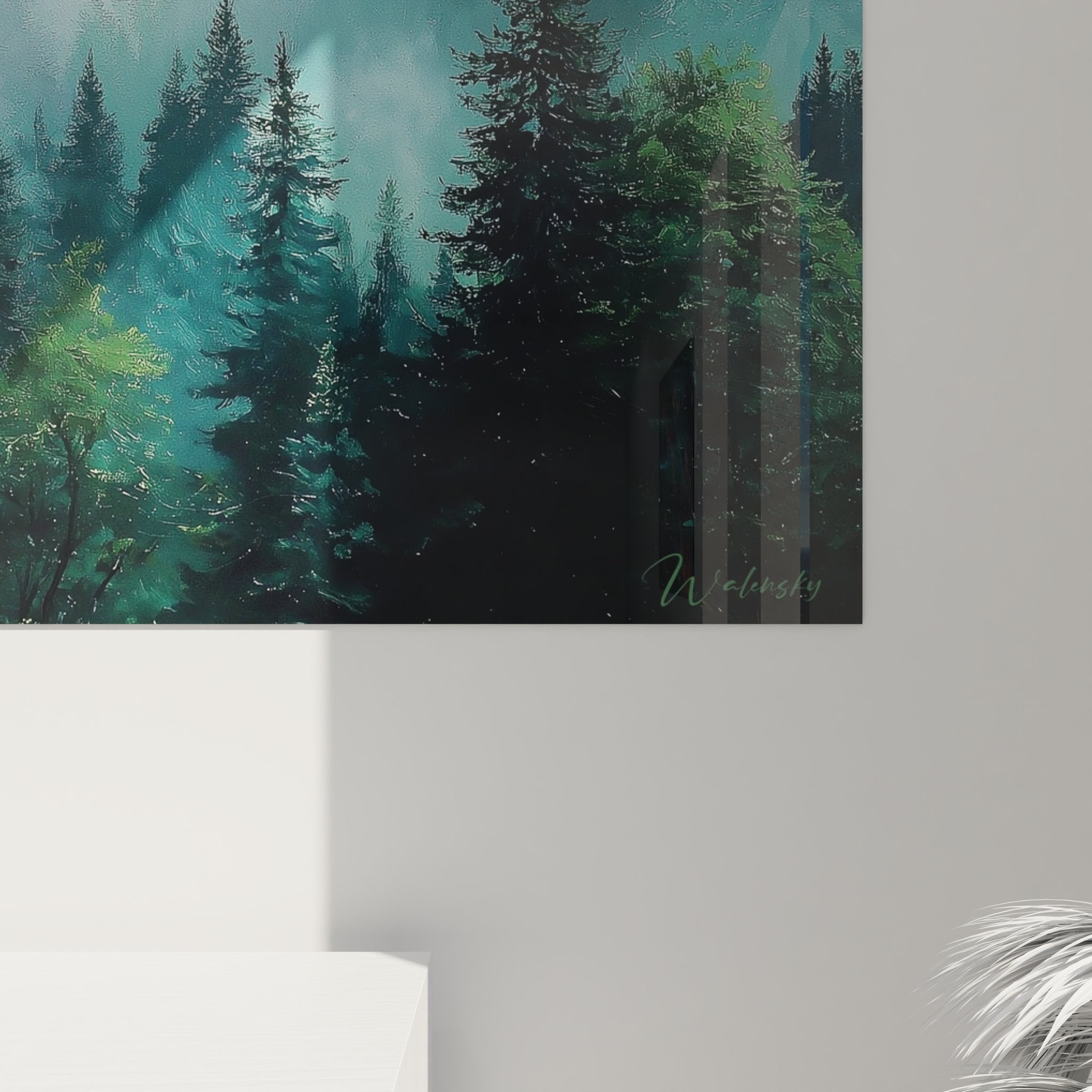 Vue ensemble tableau mural montagne forestière brume vallée décoration murale nature