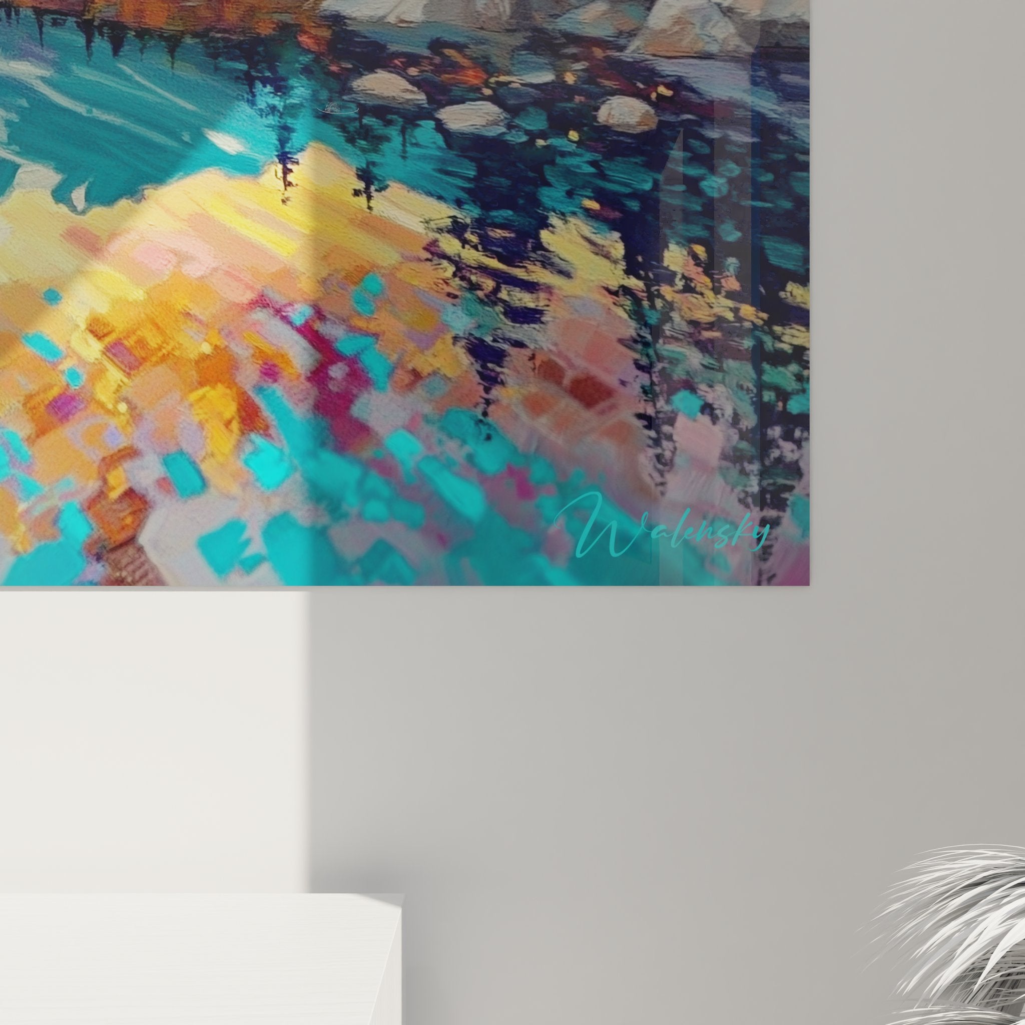 Vista d'insieme quadro paesaggio montagna lago riflessi colorati decorazione murale alpina