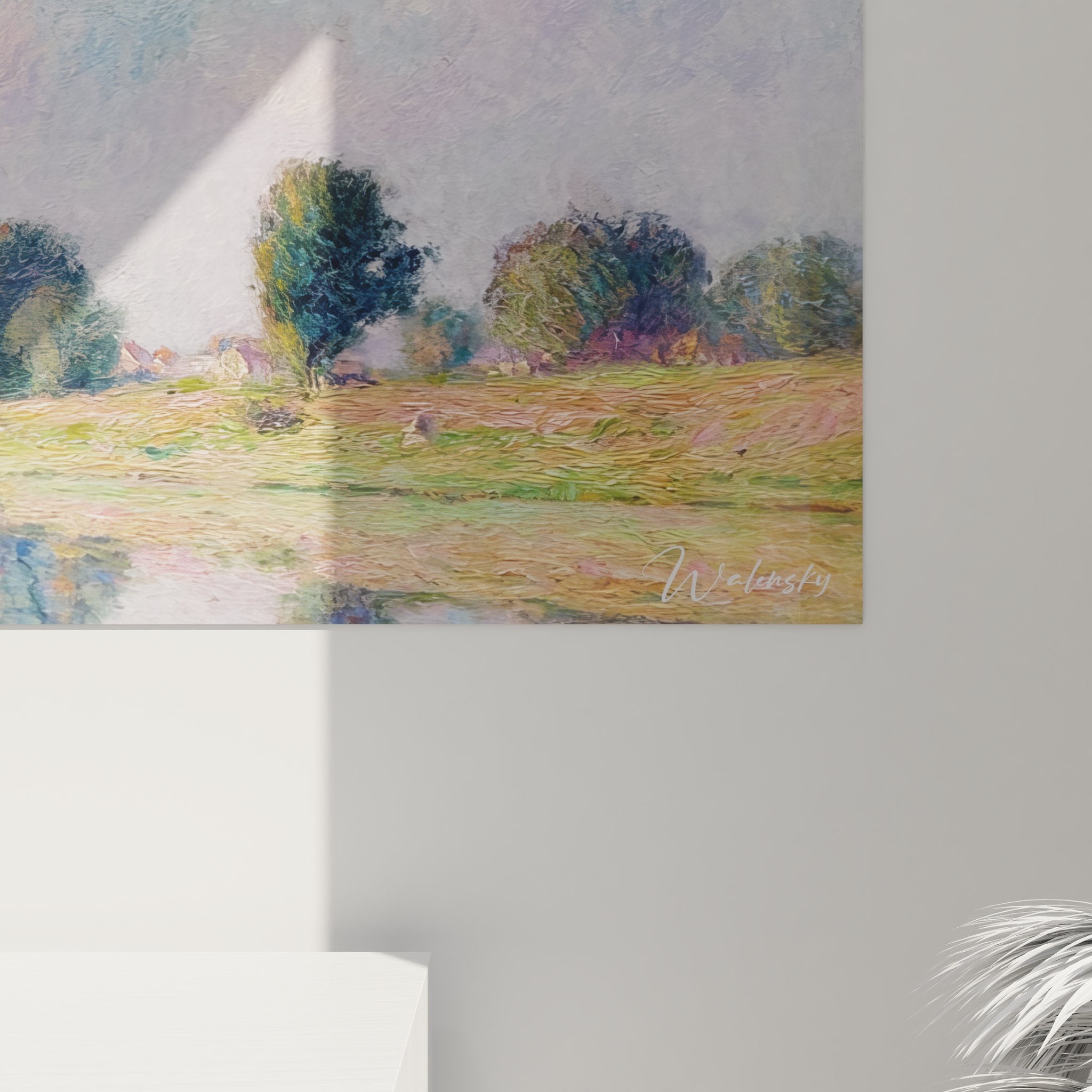 Vue ensemble tableau mural paysage rivière impressionniste dans intérieur moderne et lumineux