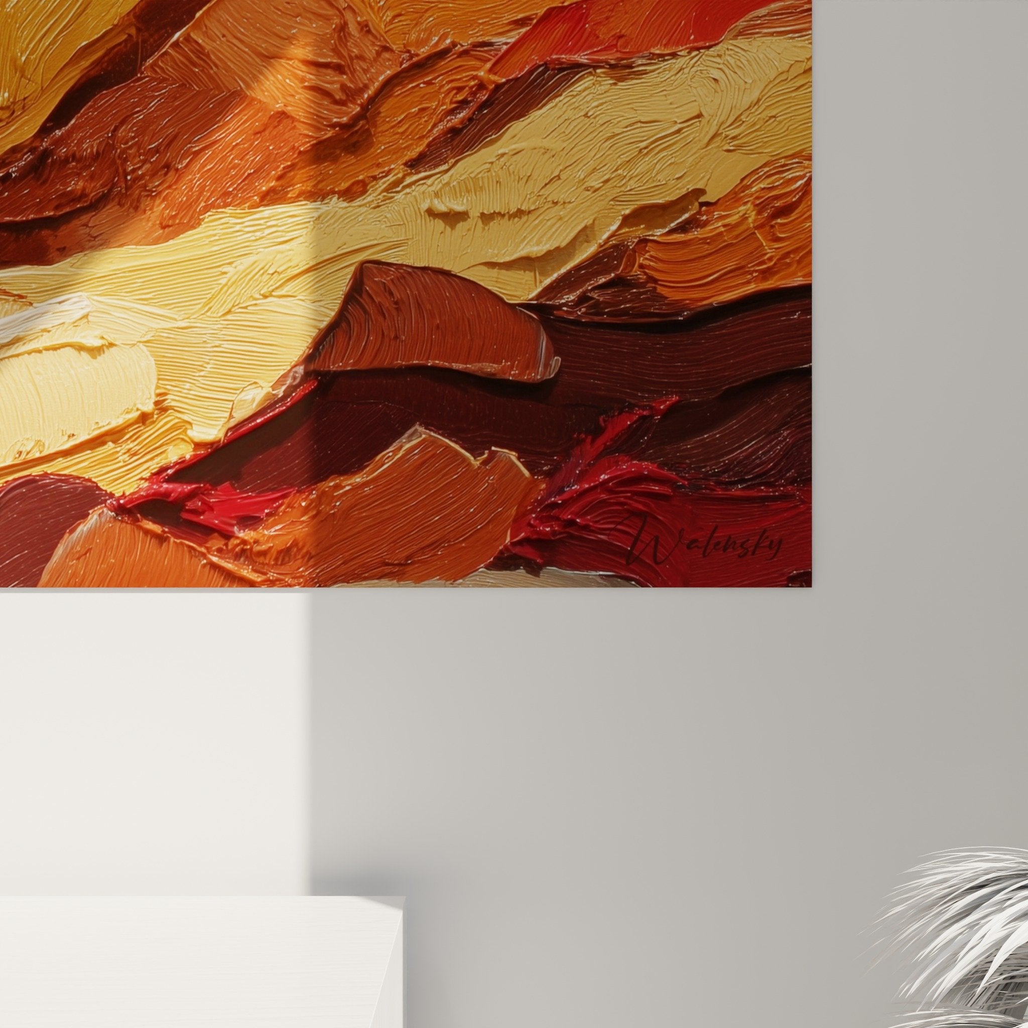 Vue ensemble tableau abstrait paysage tons terreux ocre orange decoration interieur feng shui centre terre