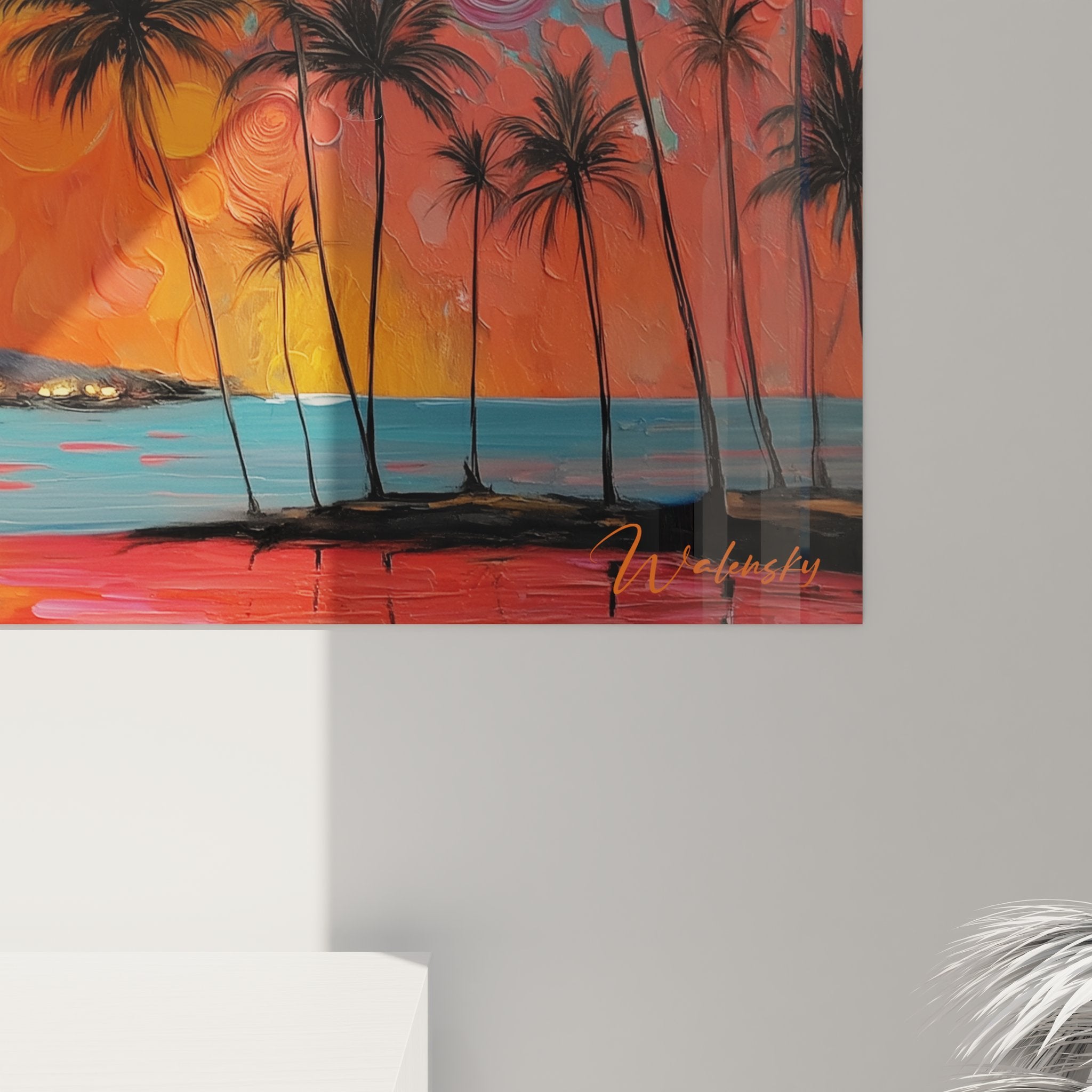 Vue ensemble tableau mural paysage tropical volcanique palmiers spirales art archipel