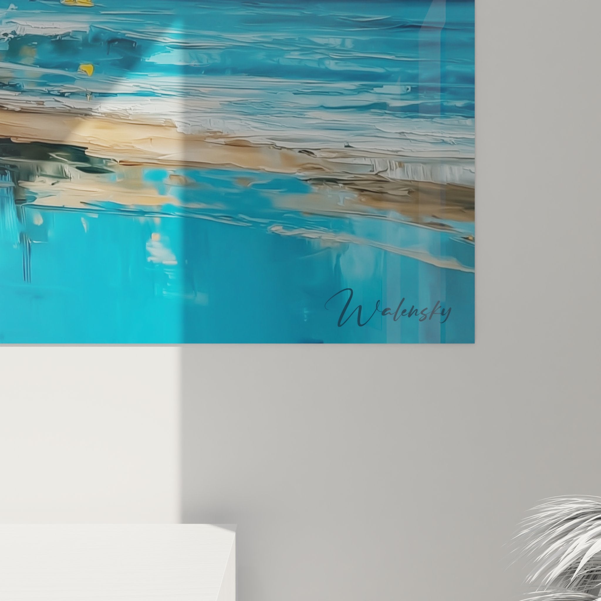 Vue ensemble tableau décoratif ville côtière avec palette couleurs océan et architecture