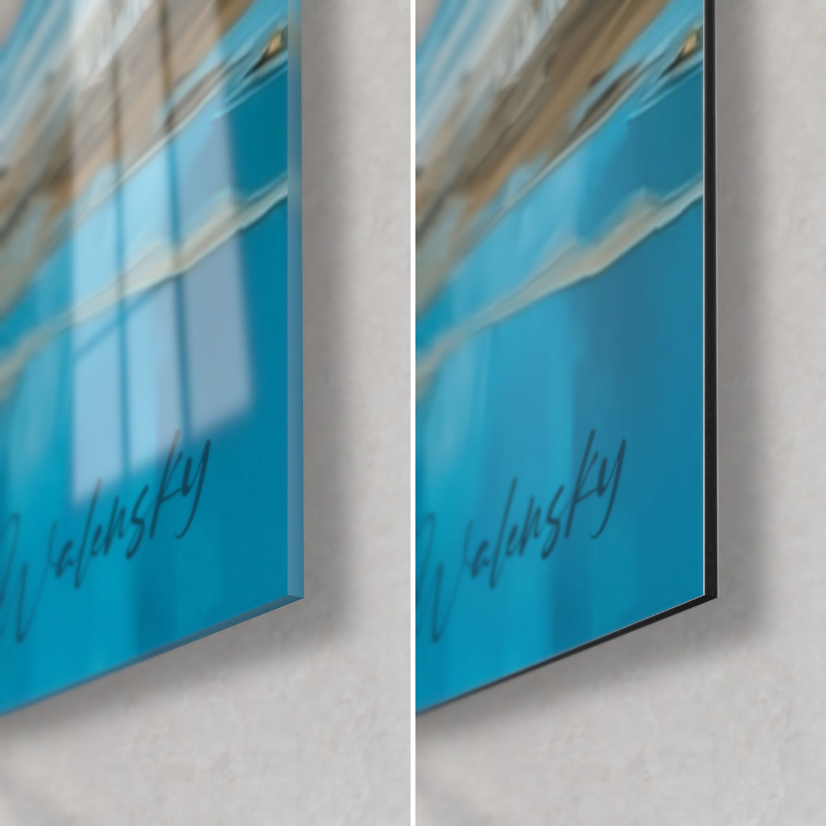 Schilderij badster op een stadsstrand, rechtsonder: glanzende turquoise verf links, mat aluminium rechts, 3 mm rand