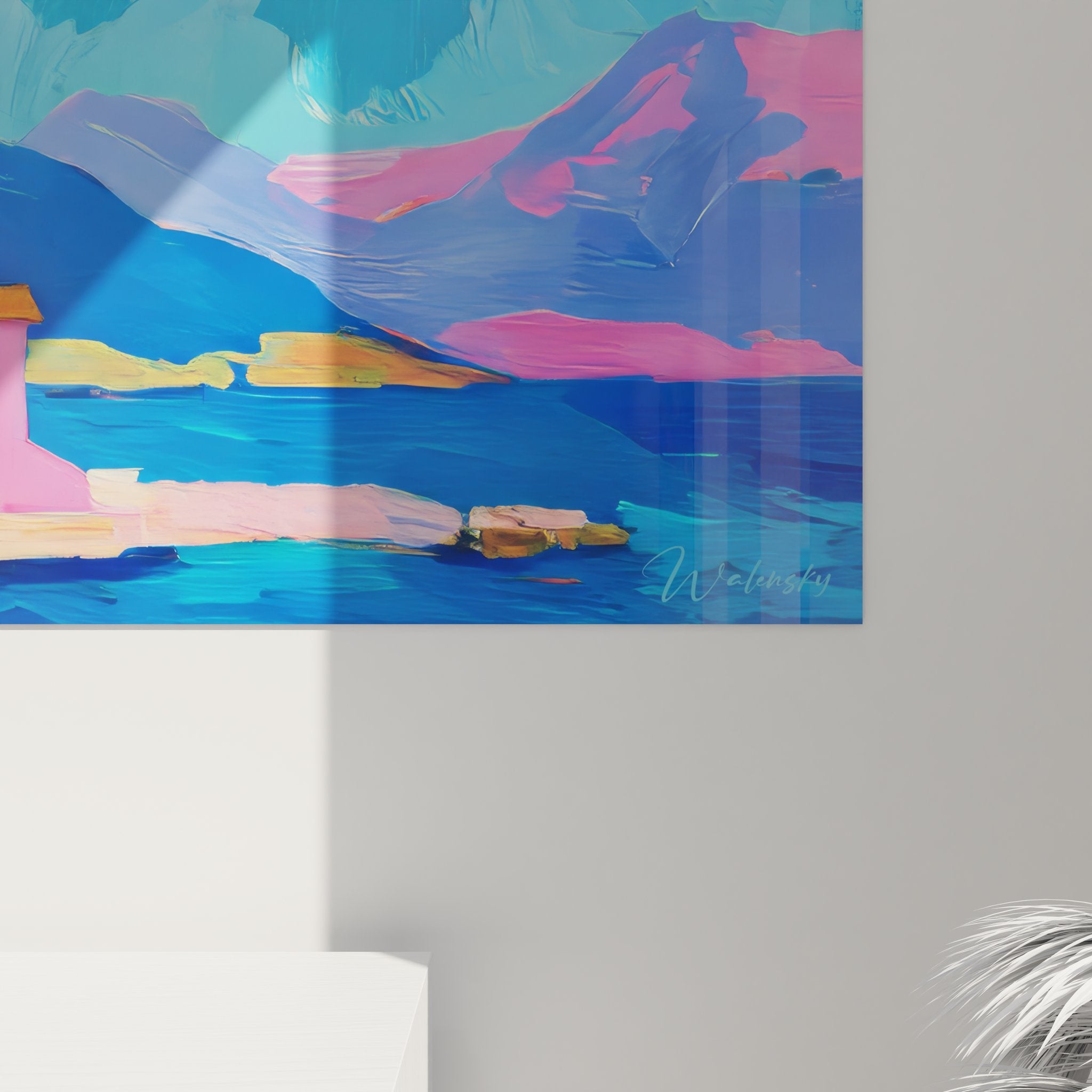 Vue ensemble tableau mural bord de mer représentant village provençal et côte rocheuse