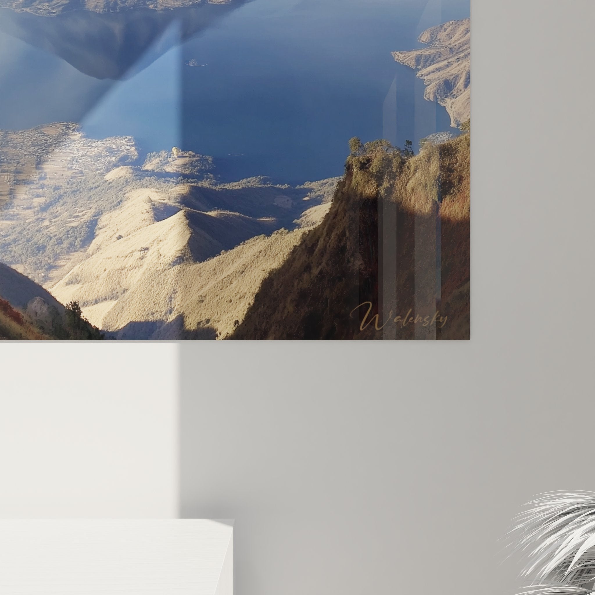 Vue ensemble tableau paysage volcanique lac, œuvre d'art nature grand format mural