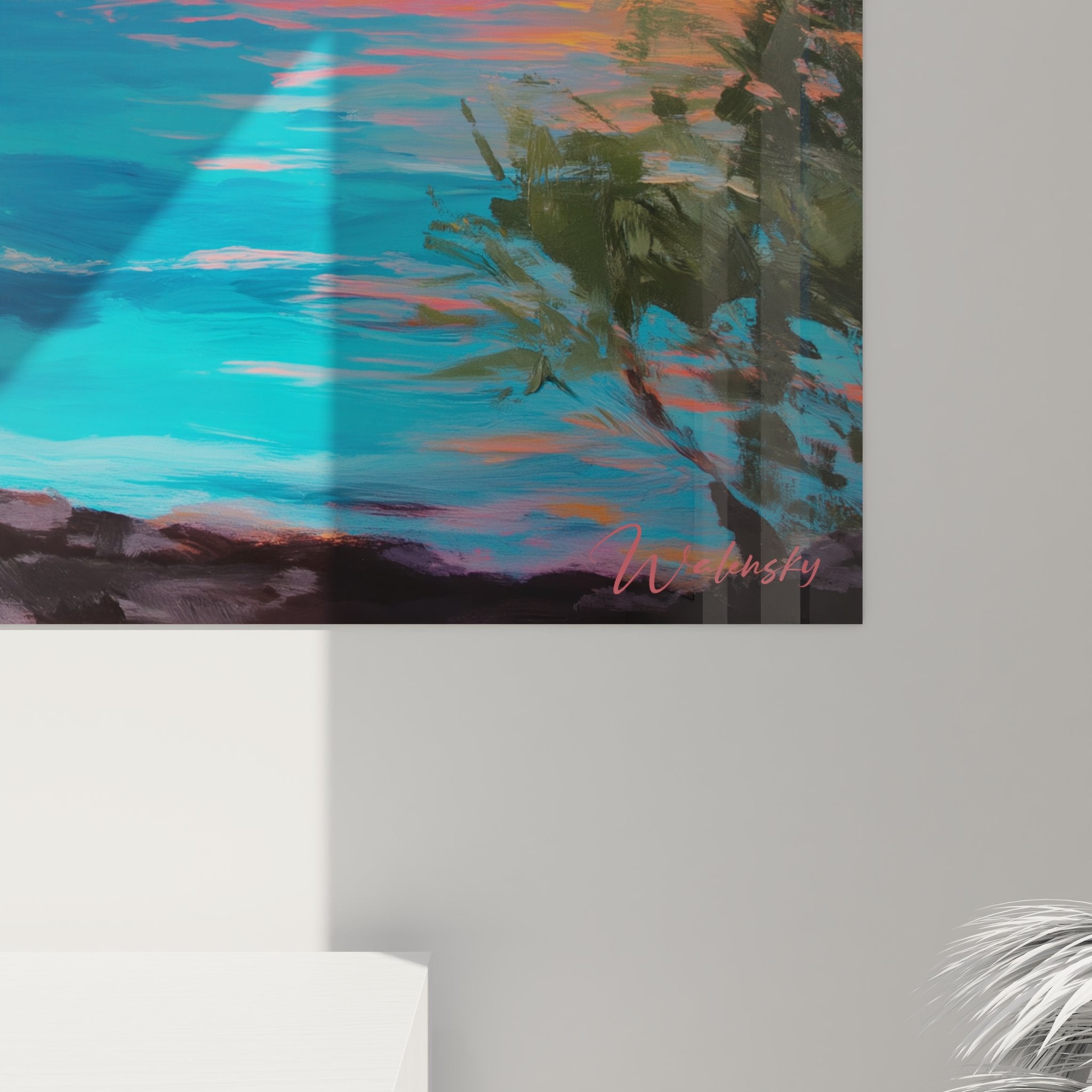 Vue d'ensemble tableau paysage volcanique tropical avec éruption et végétation exotique colorée