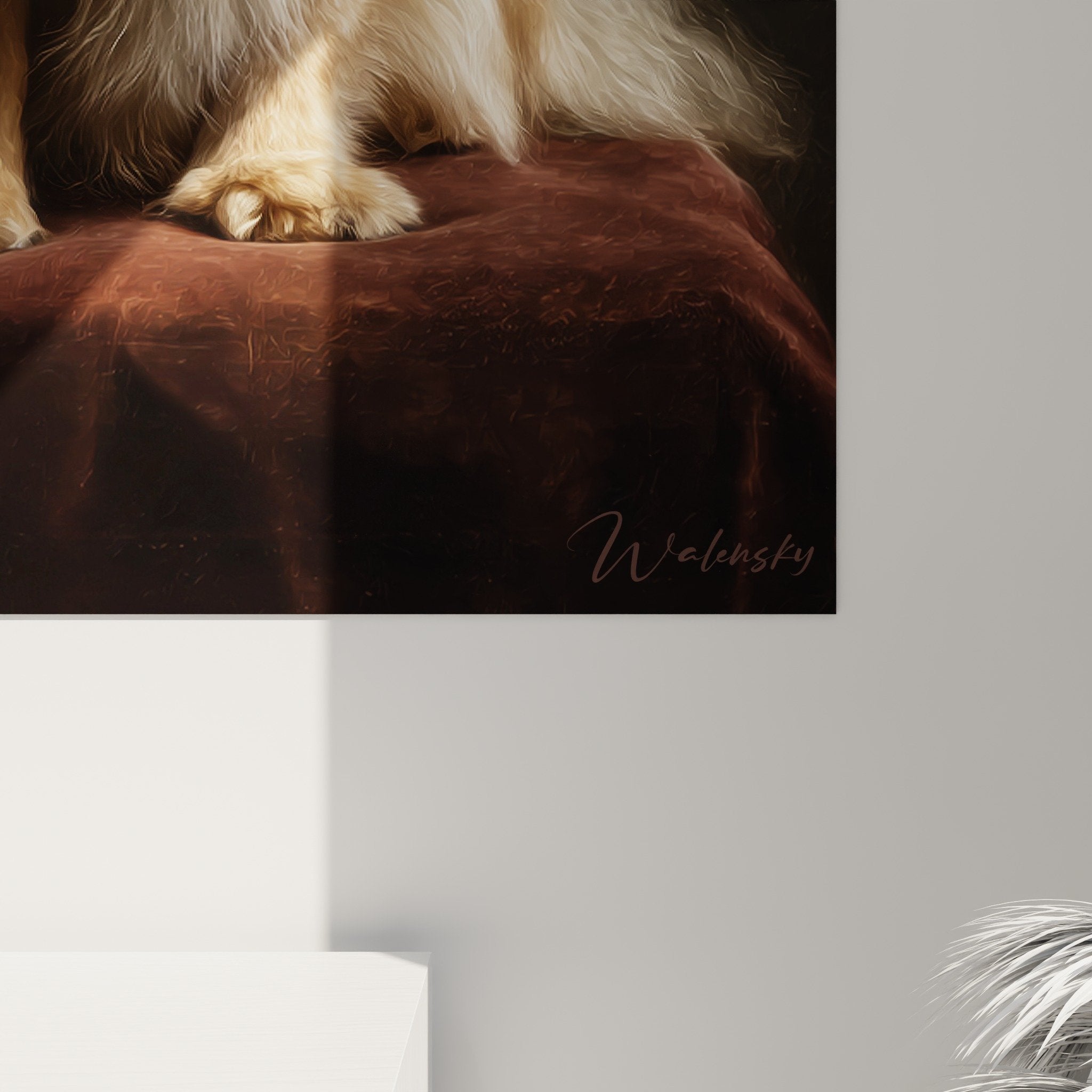 Vista d'insieme quadro Pechino nobile interni raffinati decorazione murale arte canina classica