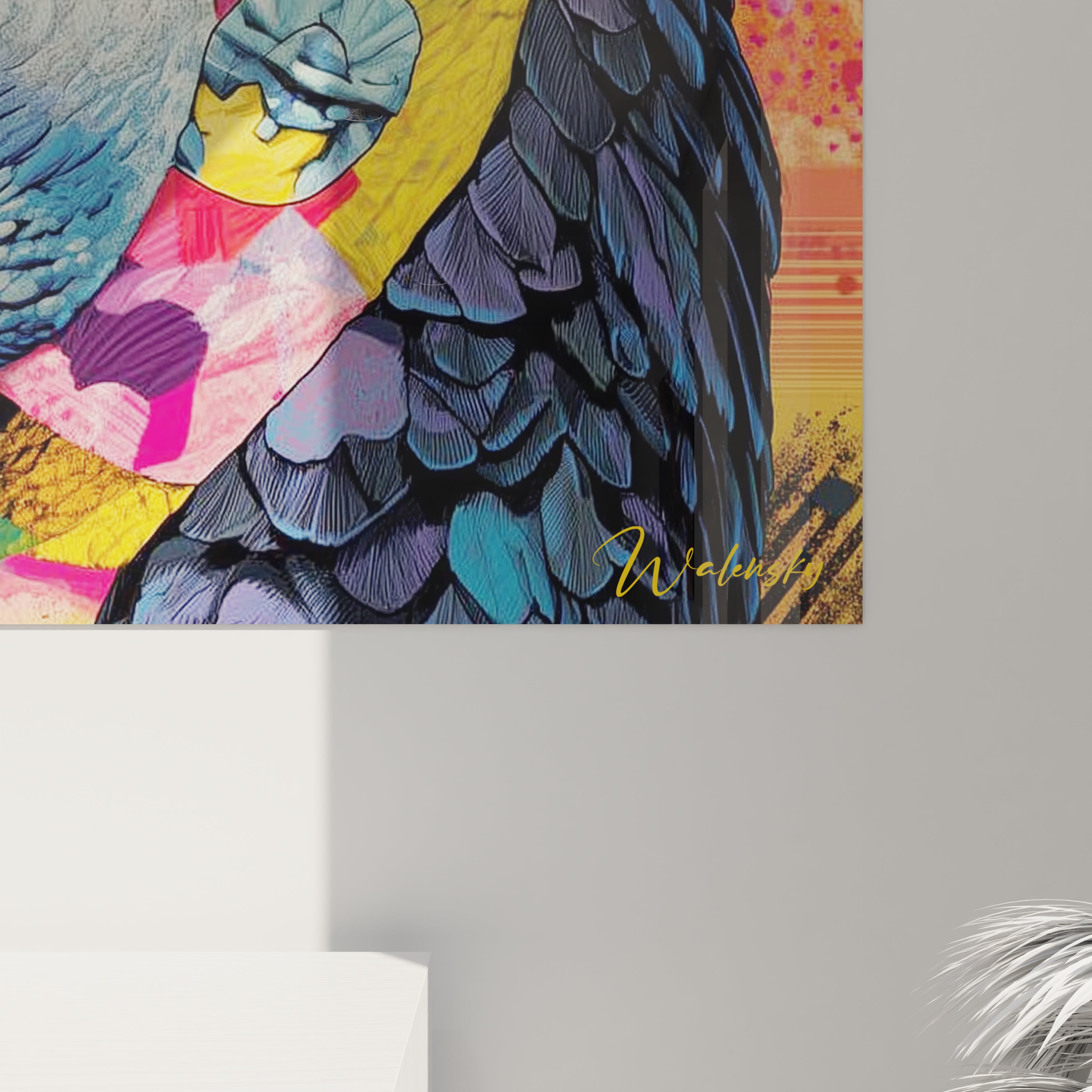 Vue ensemble tableau mural perroquet tropical, art contemporain coloré pour salon moderne déco