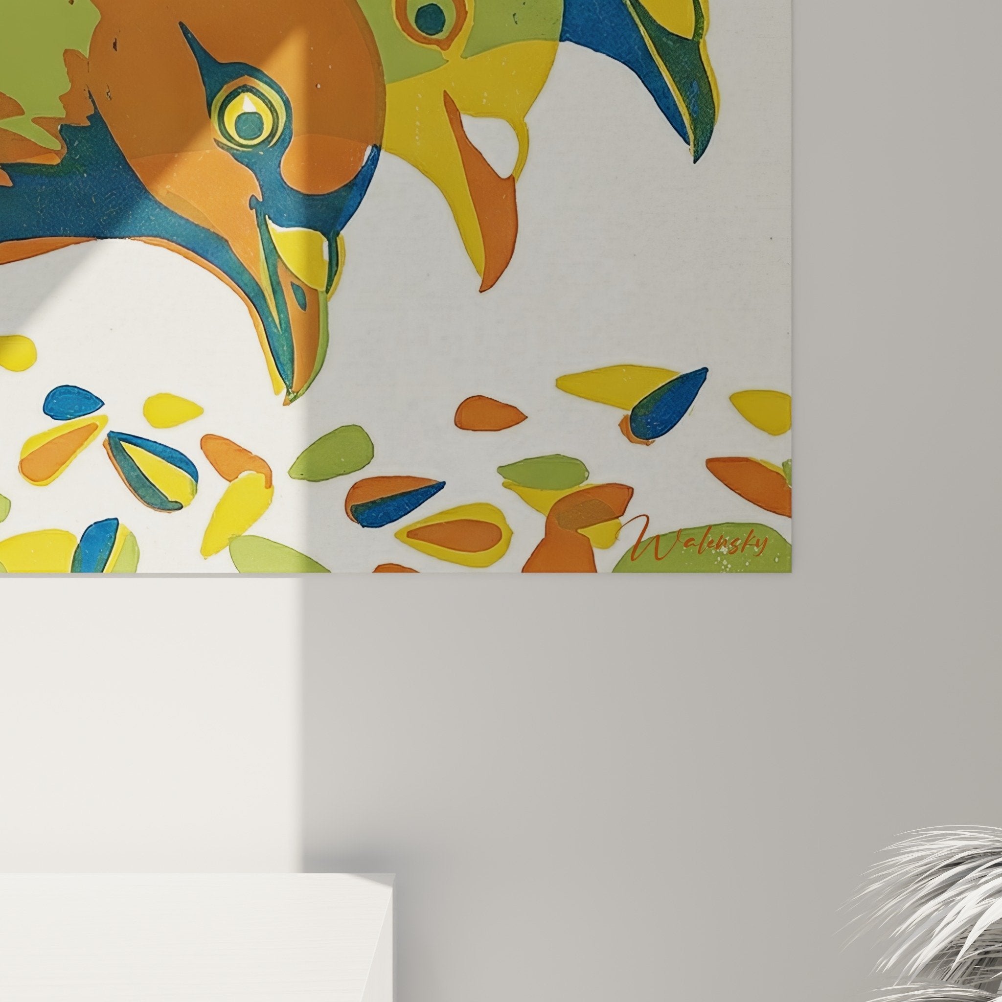 Übersichtsansicht Wandbild künstlerische Tauben Pop-Art-Farben moderne Inneneinrichtung Dekoration