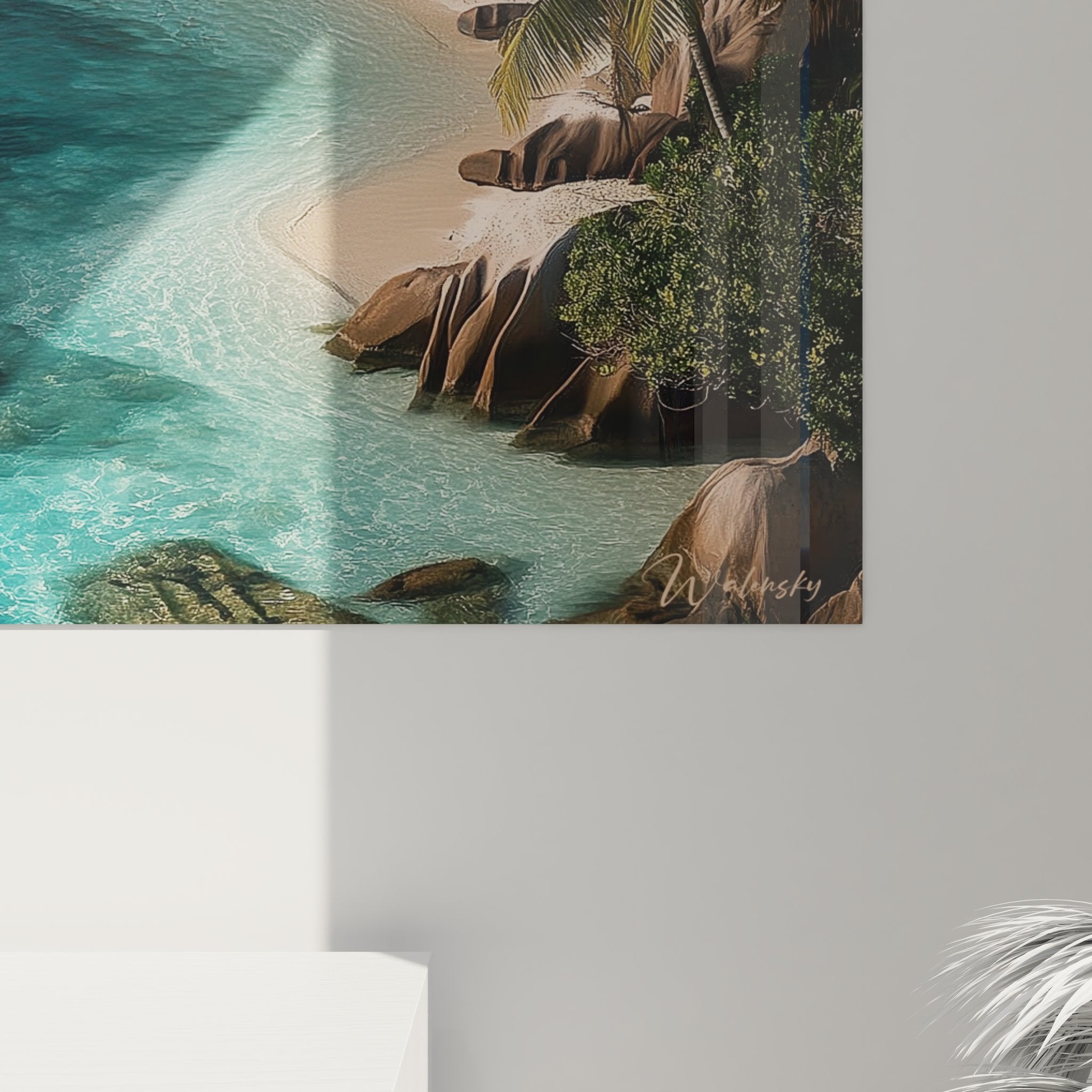 Vue ensemble tableau mural plage Seychelles Anse Source Argent décoration intérieur tropical