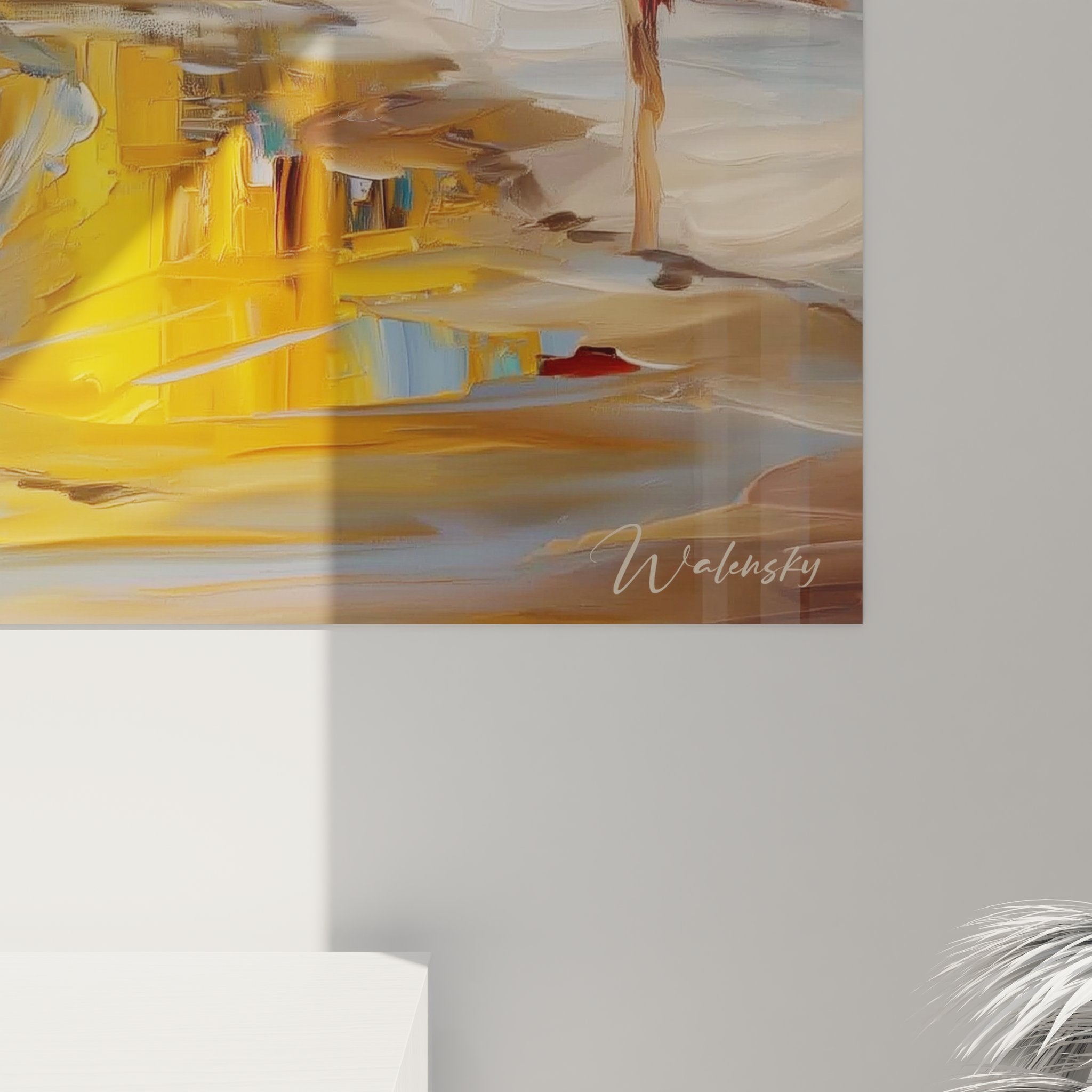 Vue ensemble tableau décoratif plage tropicale, maisons colorées et palmiers, art mural moderne